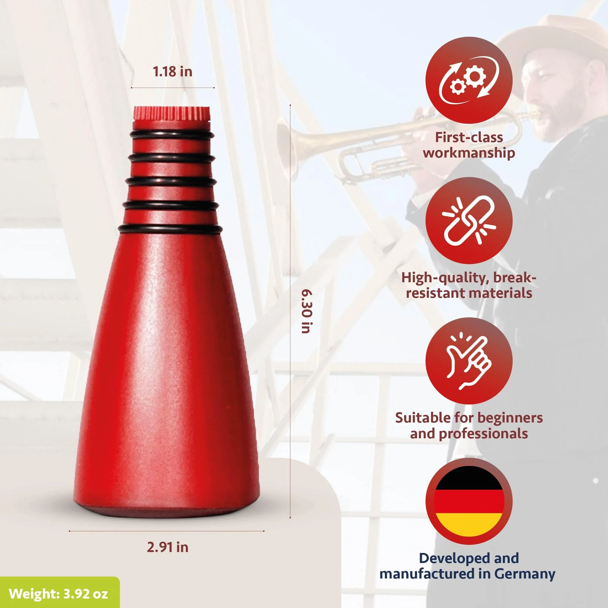 GERMAN BRASS PRODUCTIONS trumpet mute | silencer with dual function as practice and mouthpiece mute for trumpet | adaptable for all trumpets | trumpet accessories made in Germany | Red - Image 5