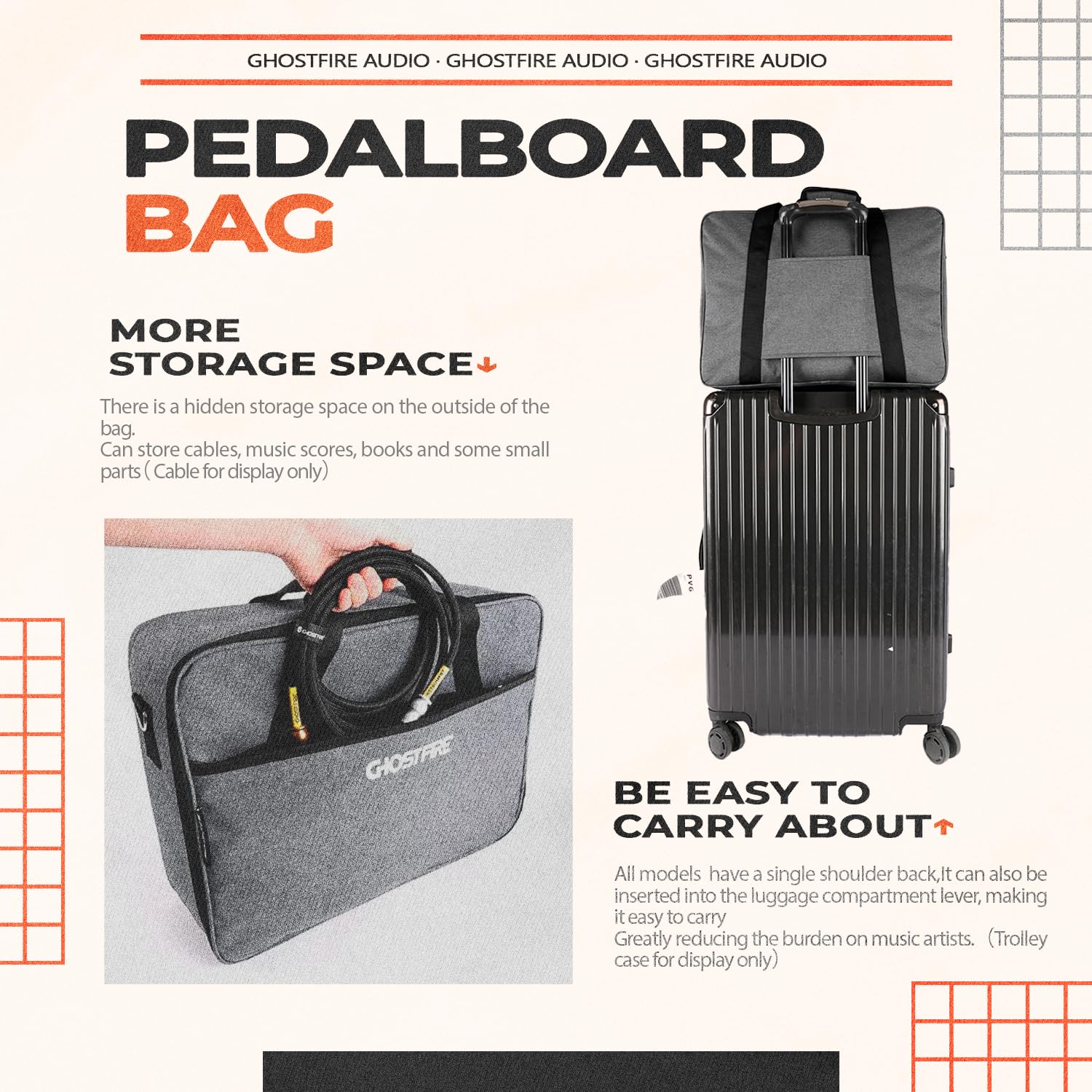 Ghost Fire Guitar Pedal Board Bag Effect Pedalboard Bag Accessory Storage Bag Carry Case 20.4x7.8x3.5in 20.4"x7.8" - Image 4