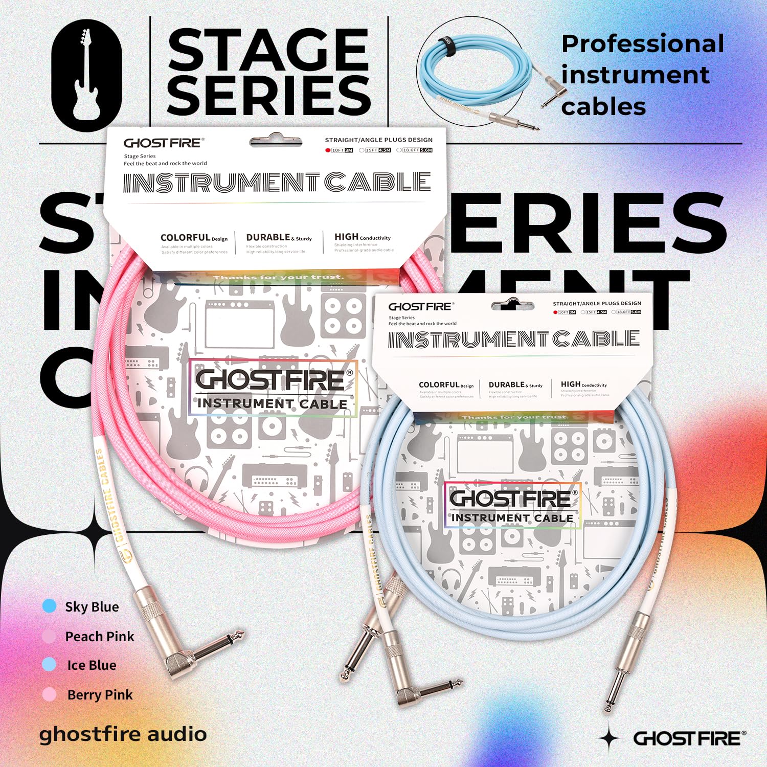 GHOSTFIRE 18.6FT 1/4 Inch Right Angle Instrument Cable High Performance Cable for Electric Guitar, Bass Guitar, and Pro Audio (Light Blue) light blue - Image 2