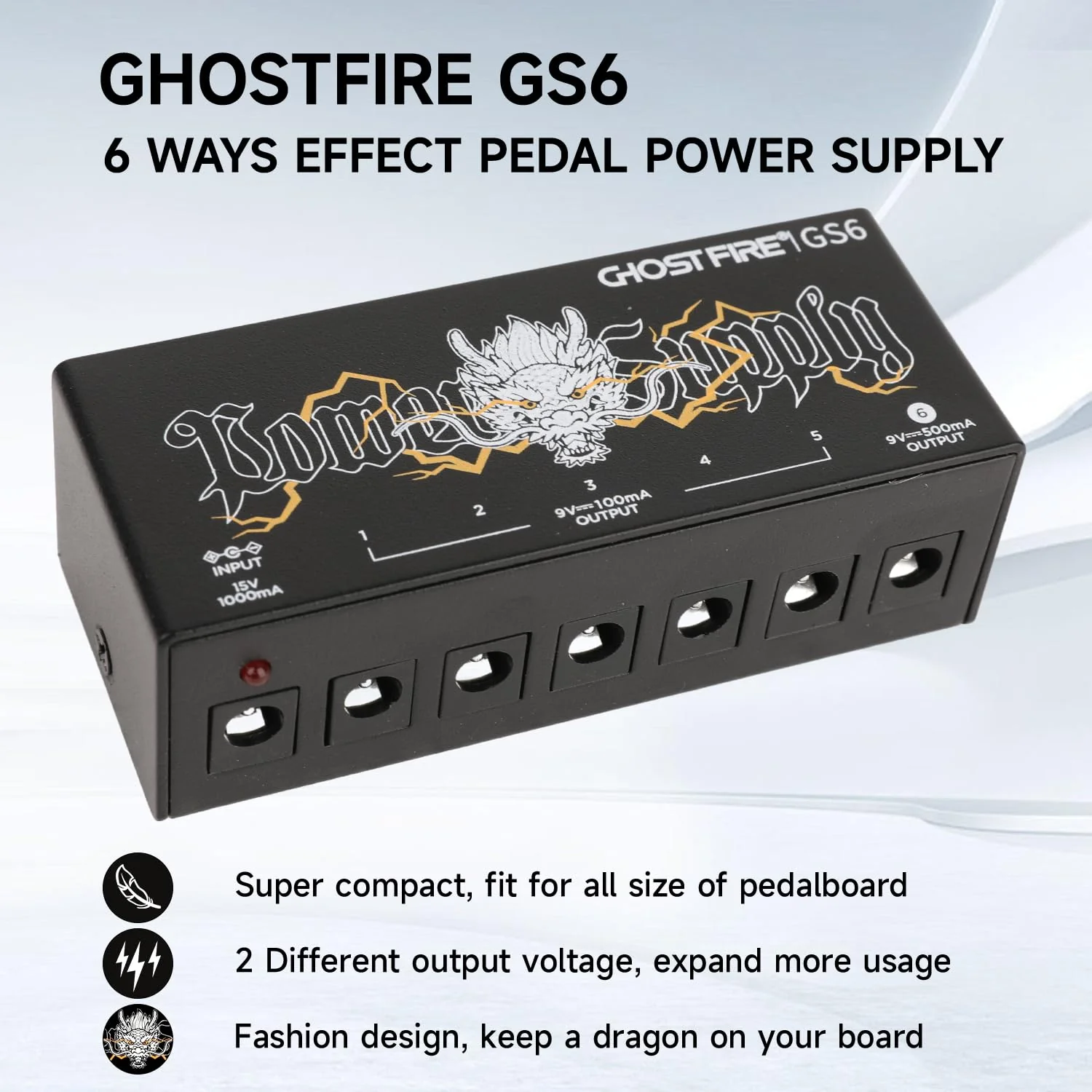 GHOSTFIRE GS10-SV2 GS6 Guitar Pedal Power Supply 9V/1000mA High Current for 9V/12V/18V Effect Pedals (GS6) - Image 2