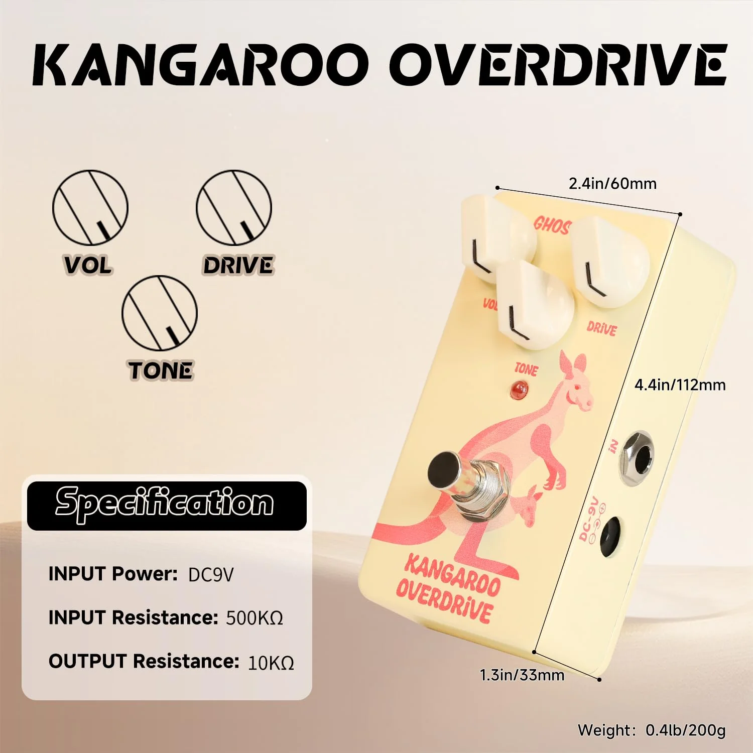 GHOSTFIRE Guitar Overdrive Effect Pedal for Electric Guitar (KANGAROO OVERDRIVE) YELLOW OVERDRIVE - Image 4