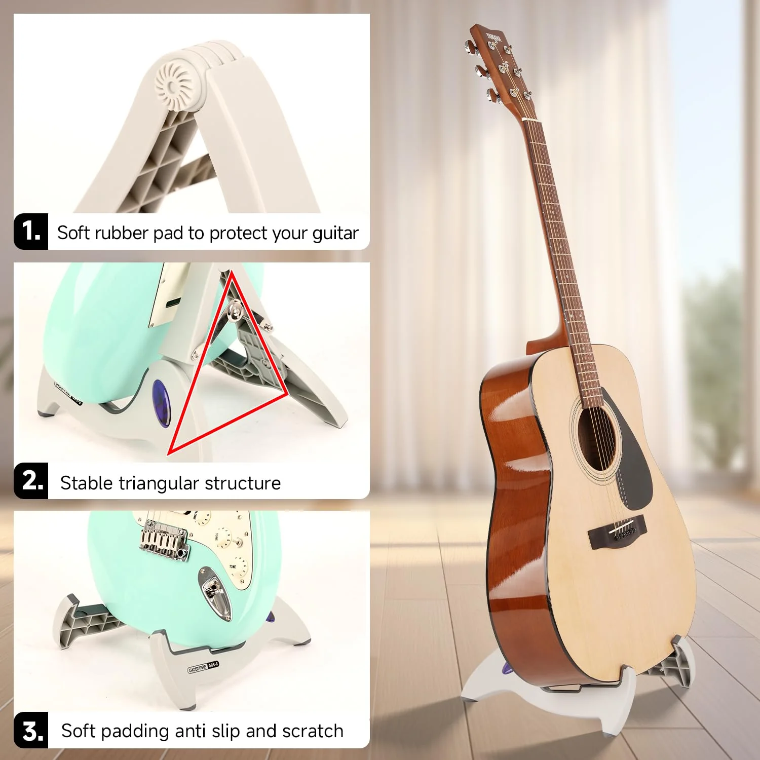 GHOSTFIRE Guitar Stand Folding Electric Guitar Stands Floor Adjustable A-Frame Stand Tripod Fit For Acoustic, Violin, Electric, Bass Guitars With Non-Slip Rubber Feet (GBS-6) GBS-6 - Image 4
