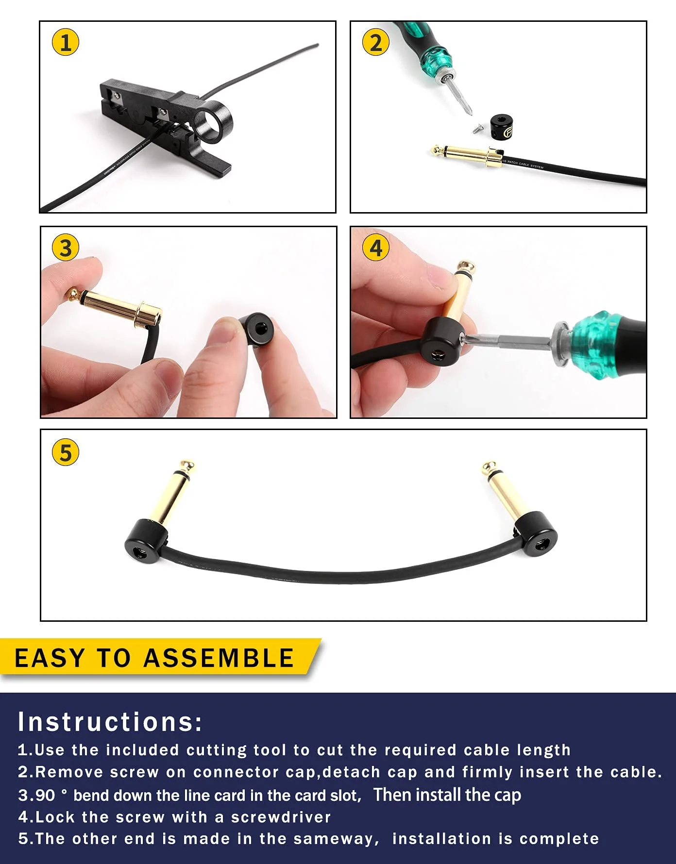GHOSTFIRE Solderless Pedalboard Cable Kit, 6.5ft Cable & 10 Nickel Plated Copper Tip Connectors for Guitar Effects & Pedal Board, DIY Custom Patch Cables with Cutter, Bolt Driver (SP-02) SP-02 - Image 4