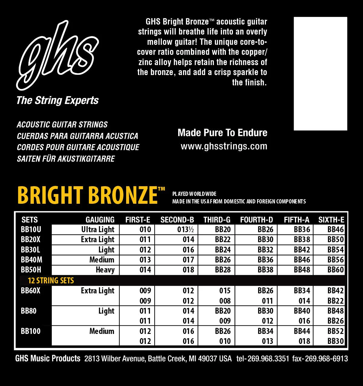 GHS Strings - Bright Bronze Acoustic Guitar Strings – Light Gauge 12-54 (BB30L Set) - 80/20 Bronze Copper-Zinc Alloy, Bright Tone, Extra Clarity, Long-Lasting Guitar Strings – Pack of 3 Light (12-54) - Image 8