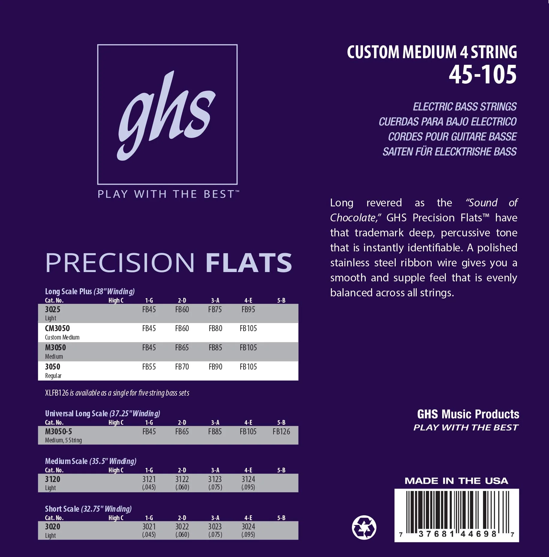 GHS Strings CM3050 4-String Bass Precision Flats, Stainless Steel Flatwound, 38" Winding, Custom Medium (45-105) Custom Med (45-105) Pack of 1 - Image 2