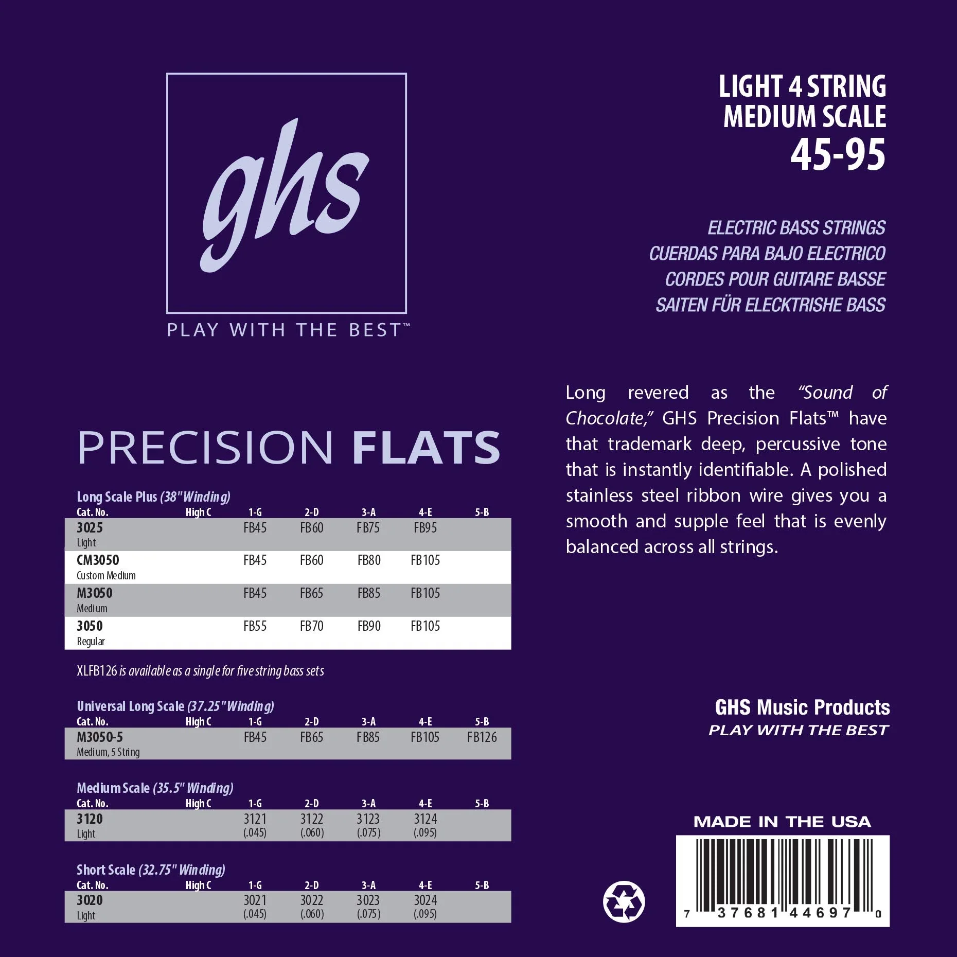 GHS Strings Medium Scale, 4-String Bass Precision Flats, Stainless Steel Flatwound, 35.5" Winding, Light (45-95) (3120) - Image 2
