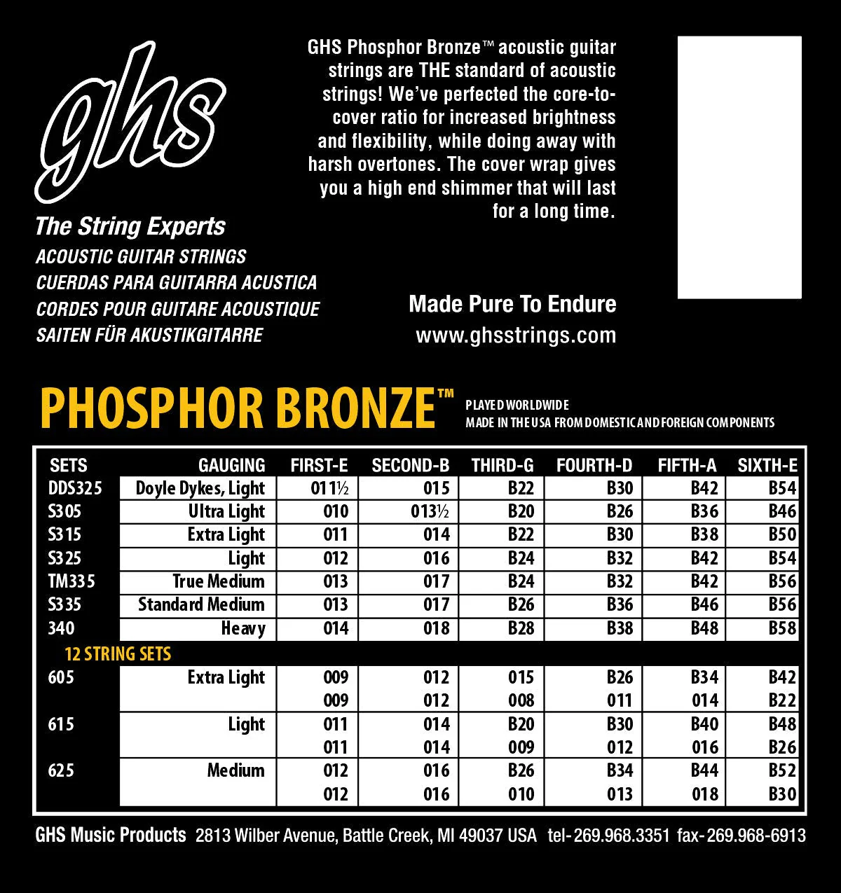 GHS Strings – Phosphor Bronze Acoustic Guitar Strings – Warm, Rich Tone, Balanced & Long-Lasting - For Acoustic, Fingerstyle, Strumming, Country, Rock, S335 Set (M) Medium Gauge 13-56, 3 PACK Standard Medium (13-56) Pack of 3 - Image 9