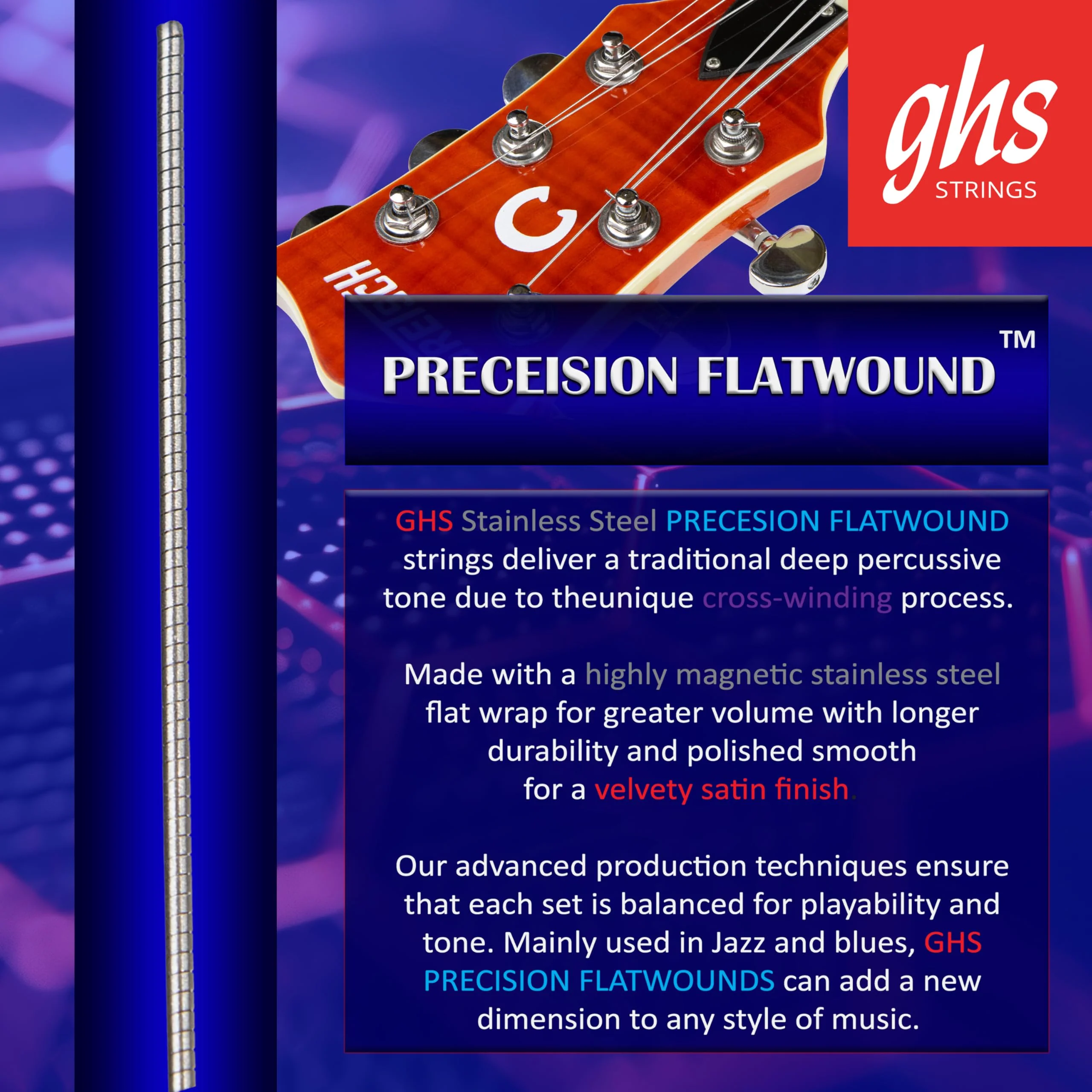 GHS Strings - Precision Flatwound - Electric Guitar Strings - Stainless Steel - High Volume - Polished Smooth - (L) - Light Gauge (900 SET) - 12-50 Light (12-50) Pack of 1 - Image 3