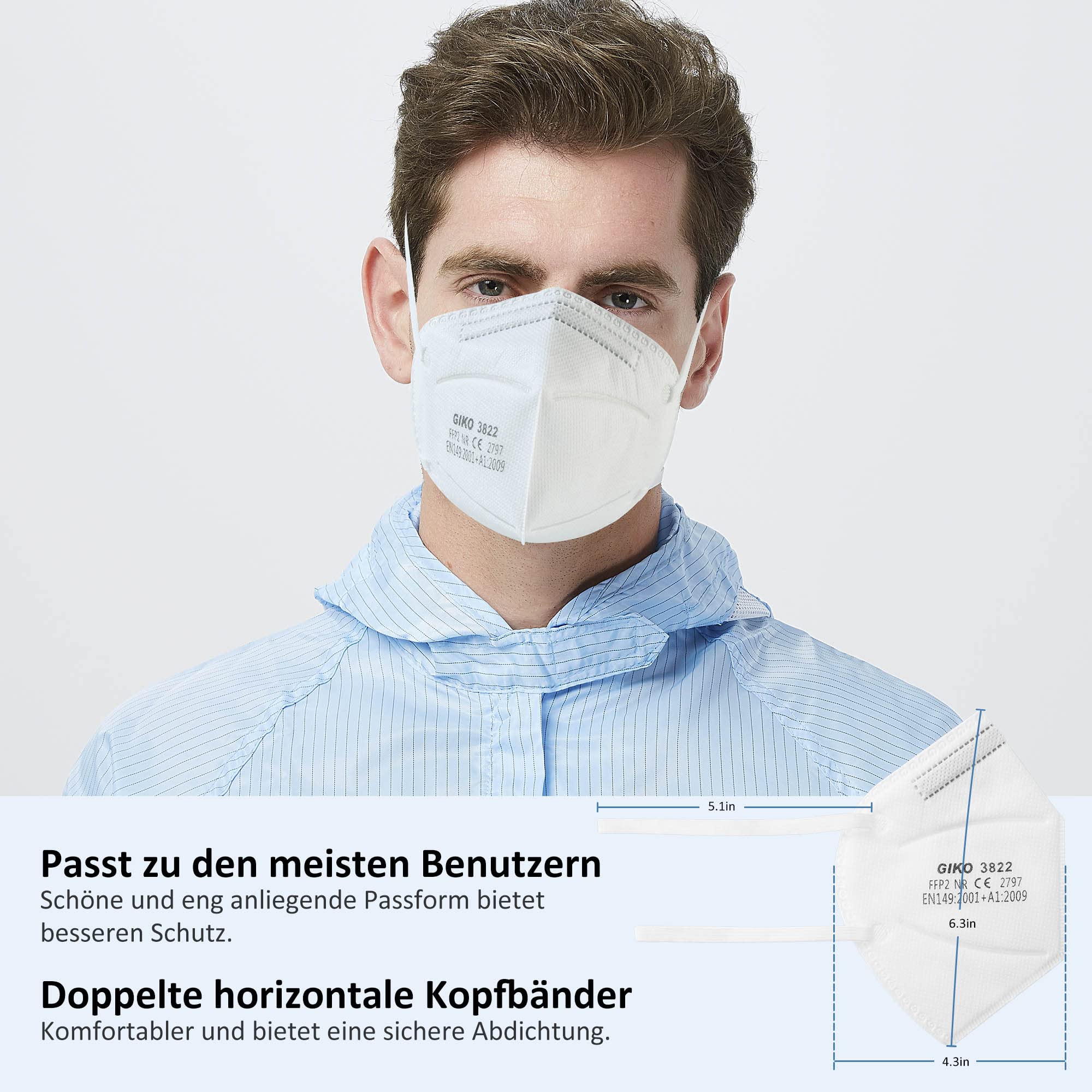 GIKO FFP2 Mask Pack of 50 White FFP2 Masks Headband FFP2 Respirator Mask 5 Protective Layers Protection FFP 2 Face Masks - Image 3