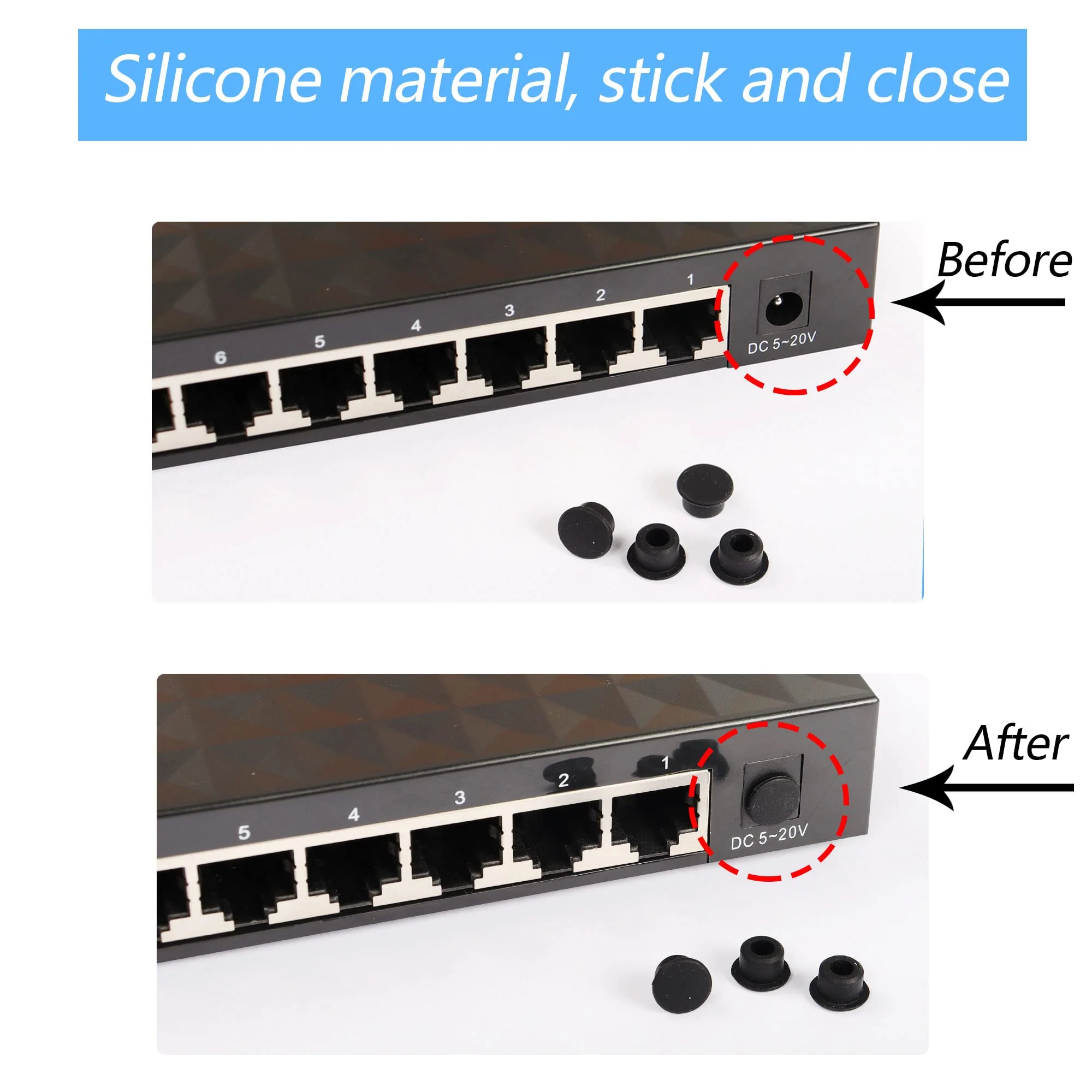 GINTOOYUN 50pcs DC Port Anti Dust Cap Cover Plugs DC Power Supply Dustproof Plug Soft Silicone Protector for Ethernet Switch, Router,etc. - Image 3