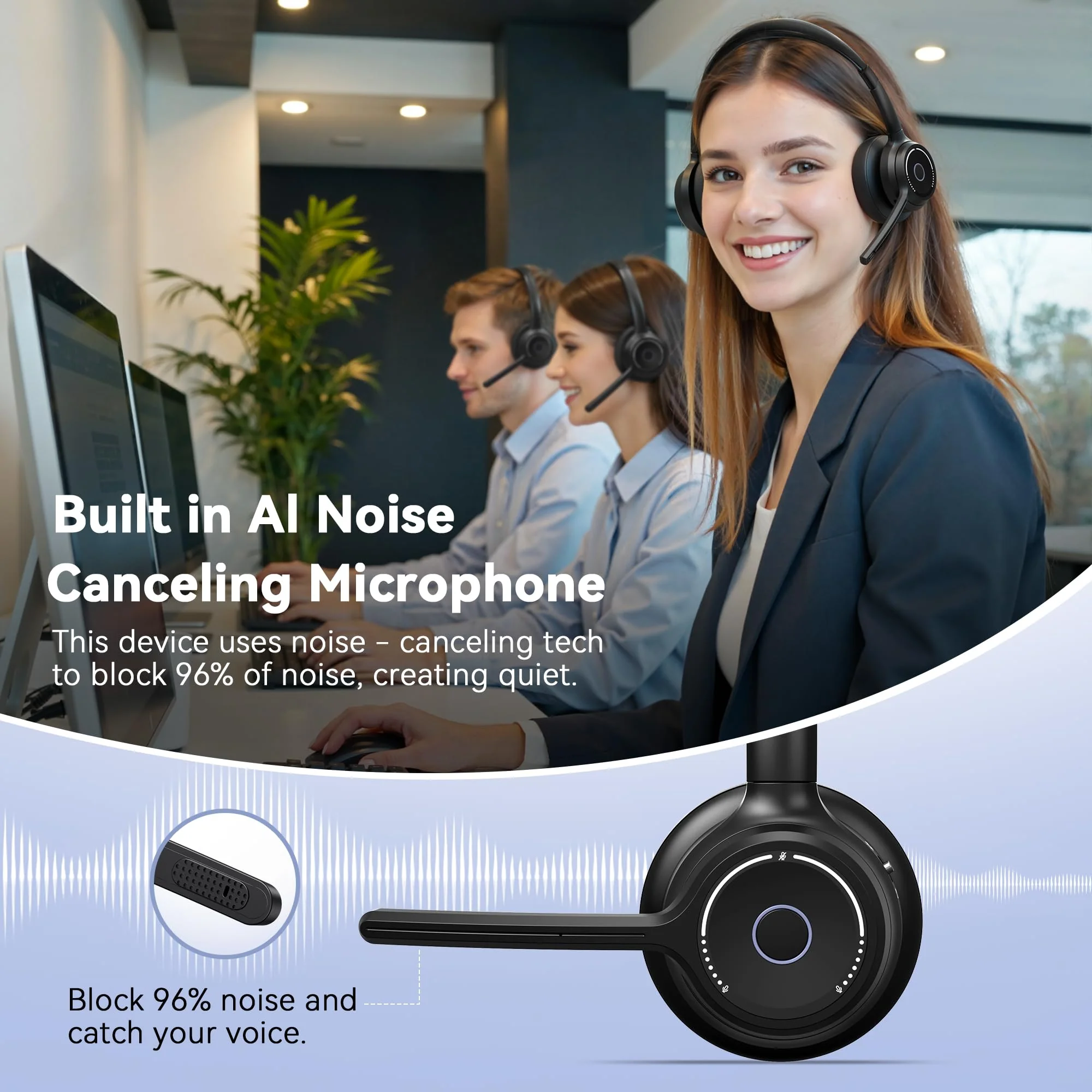 Gixxted (2026 Upgraded) Wireless Headset with Mic for Work, Bluetooth Headset with Noise Canceling Microphone, Wireless Headphones with Mic and USB Dongle and Mute, Fit for Computer/PC/Teams Black - Image 2