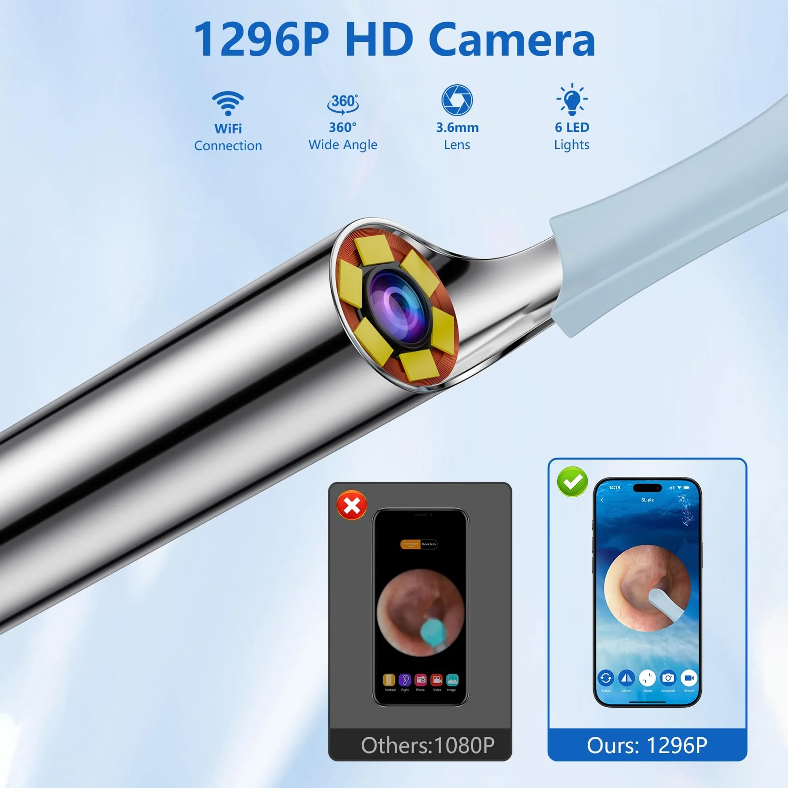 GlasFlength Ear Wax Remover Otoscope, WiFi Ear Cleaner with 1296P HD Camera Wireless Waterproof Ear Cleaner with 6 LEDs 3.6 mm Lens Ear Cleaner for iOS and Android Phones (Black) - Image 3