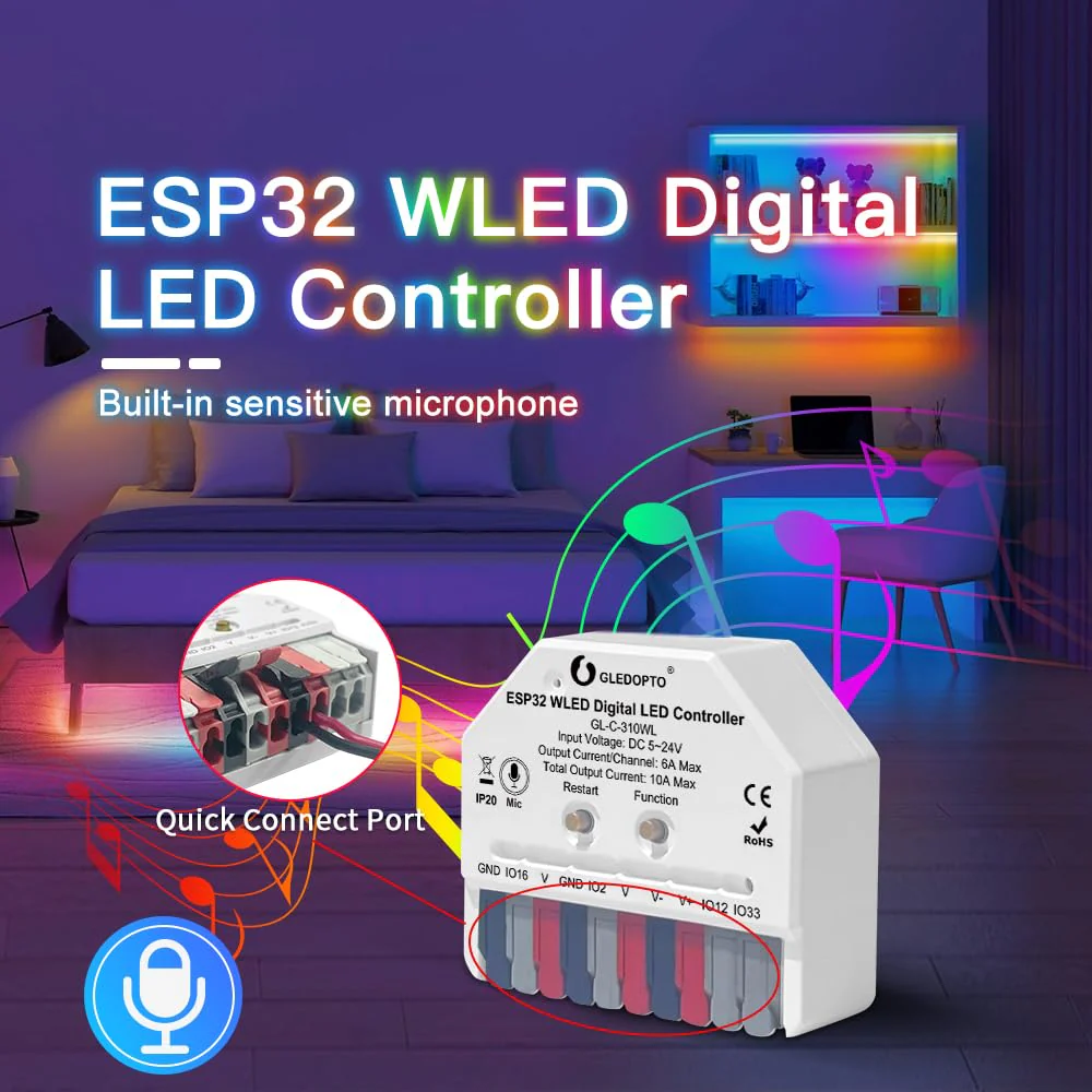 GLEDOPTO ESP32 Mini WLED Controller DIY Music Dynamic RGB Lighting for WS2811 WS2812 SK6812 TM1814 Strips (ESP32 with Microphone) - Image 3
