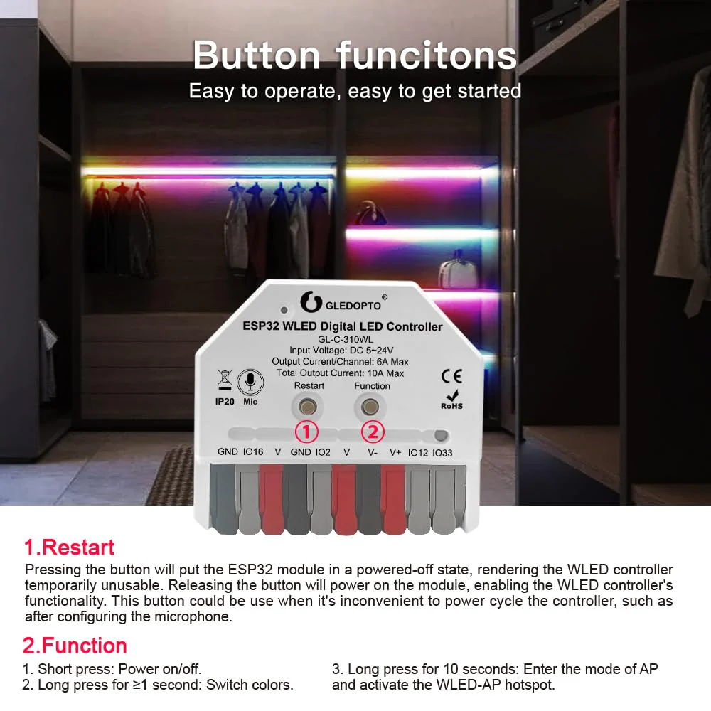 GLEDOPTO ESP32 Mini WLED Controller DIY Music Dynamic RGB Lighting for WS2811 WS2812 SK6812 TM1814 Strips (ESP32 with Microphone) - Image 4