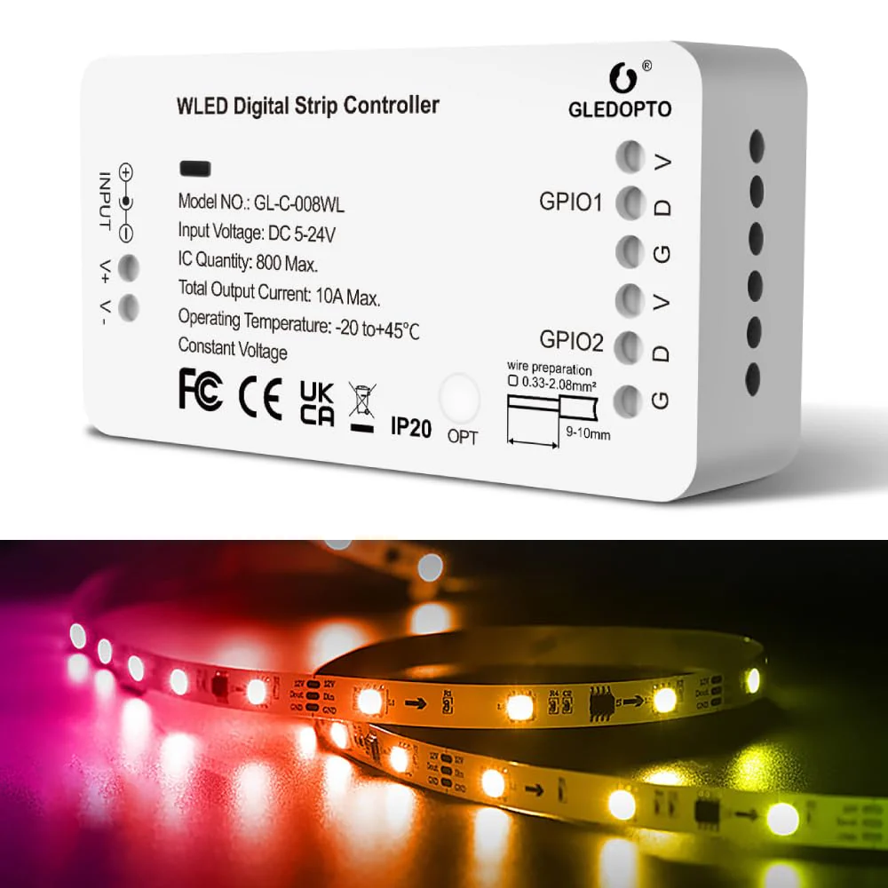 GLEDOPTO WLED Digital Strip Light Controller WiFi DC5-24V Support WS2812 2811 SK6812 and Other RGB RGBW Strip Lights 800 ICs DIYable