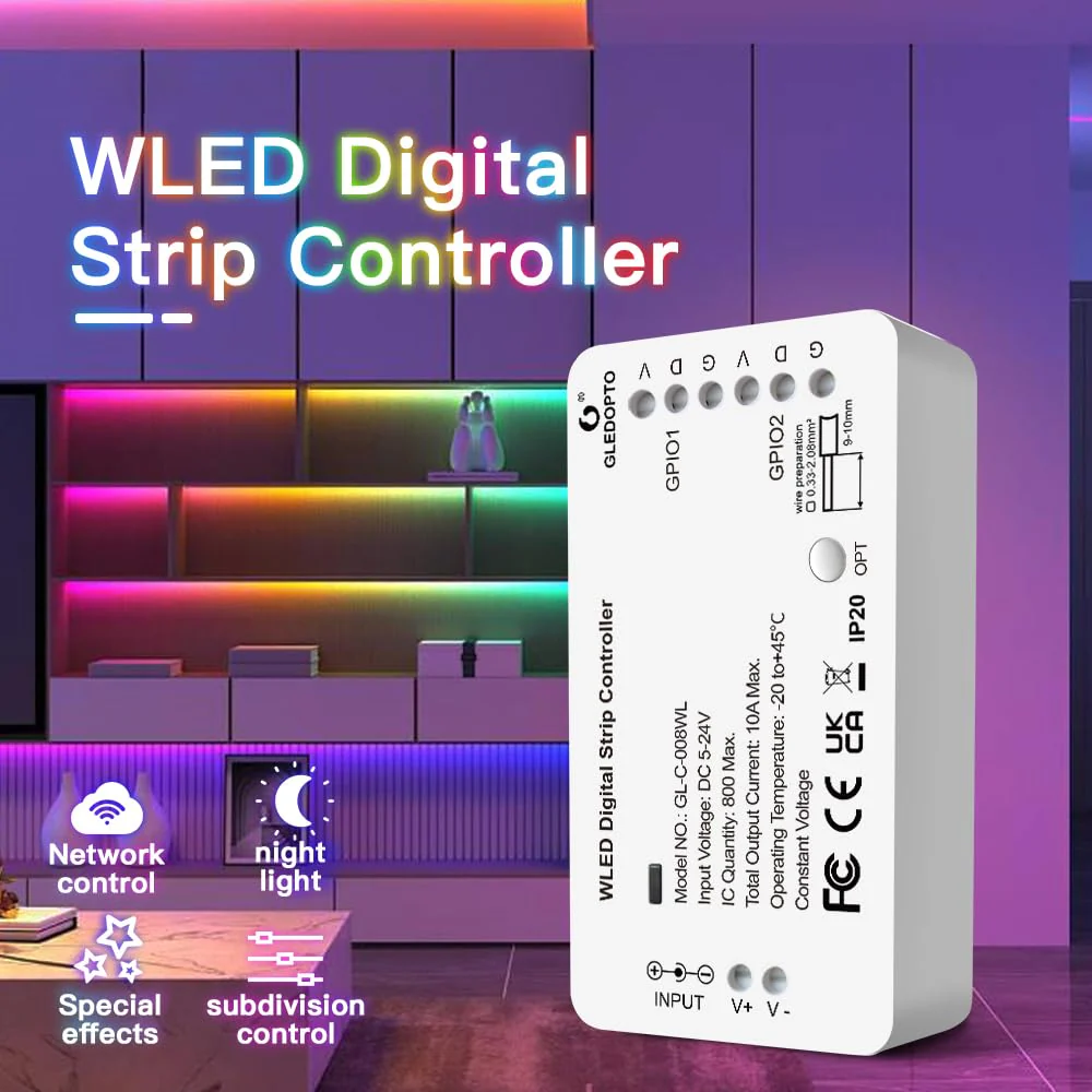 GLEDOPTO WLED Digital Strip Light Controller WiFi DC5-24V Support WS2812 2811 SK6812 and Other RGB RGBW Strip Lights 800 ICs DIYable - Image 2