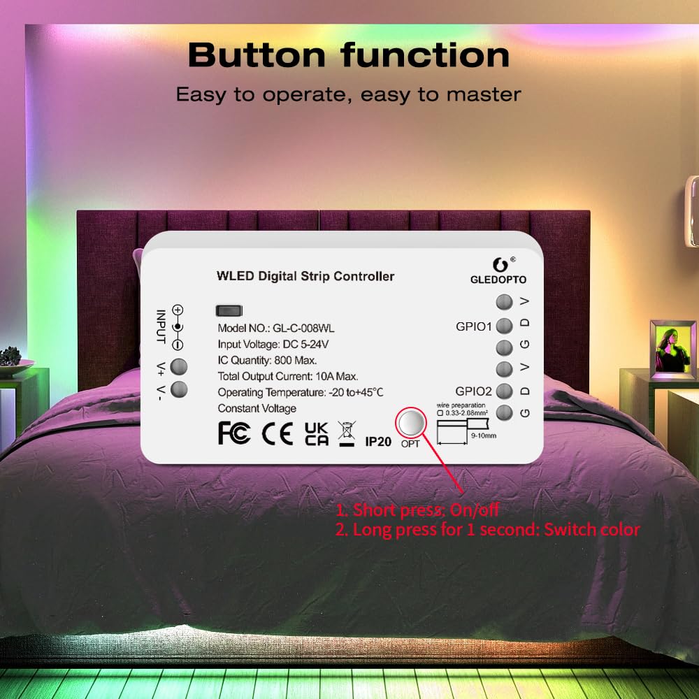 GLEDOPTO WLED Digital Strip Light Controller WiFi DC5-24V Support WS2812 2811 SK6812 and Other RGB RGBW Strip Lights 800 ICs DIYable - Image 9