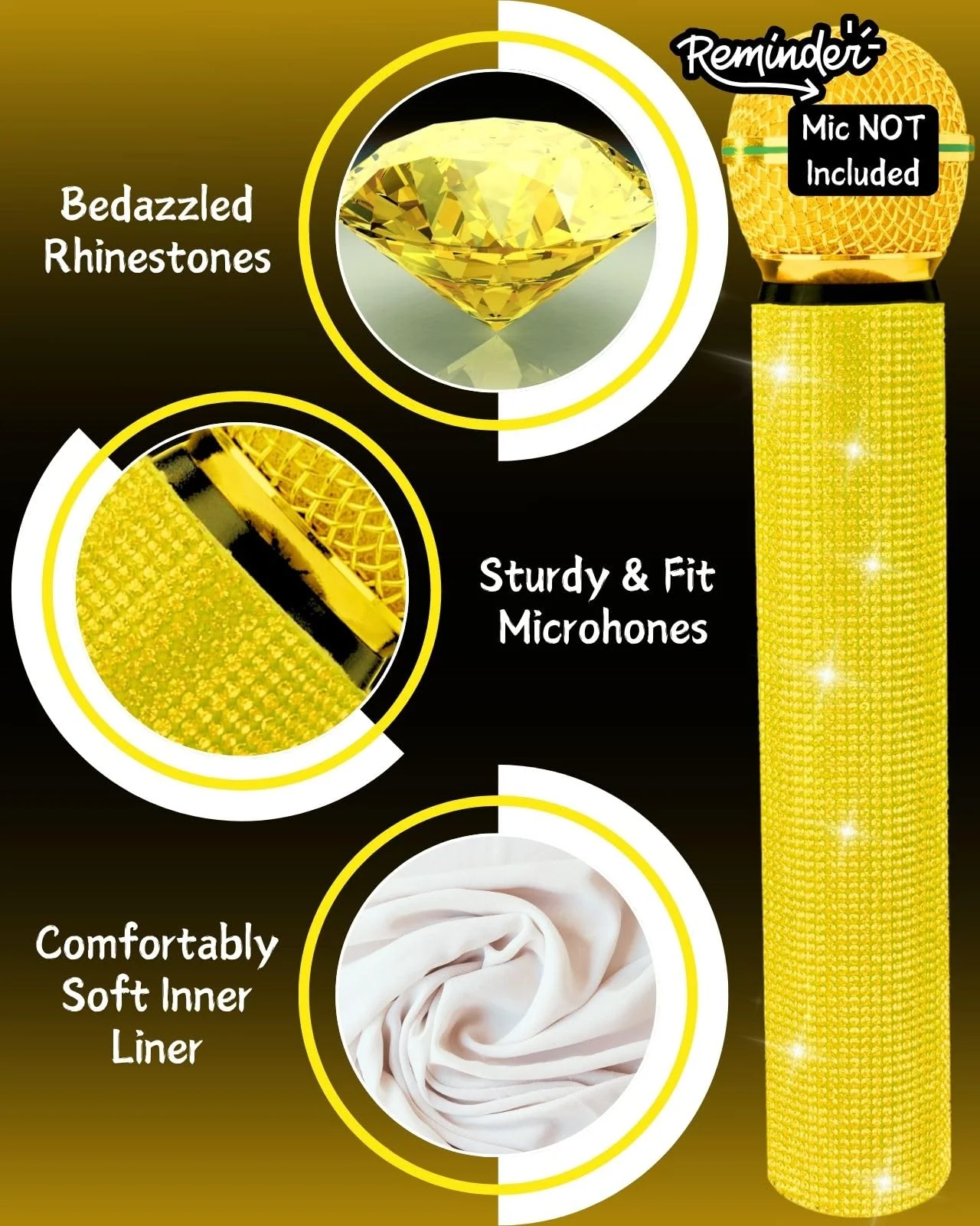Glittering Rhinestone Wireless Microphone Cover Decorate for Universal Handheld Beta 58a, SM58, Beta87, PG58, Eyes Catching for Event, Yellow - Image 3