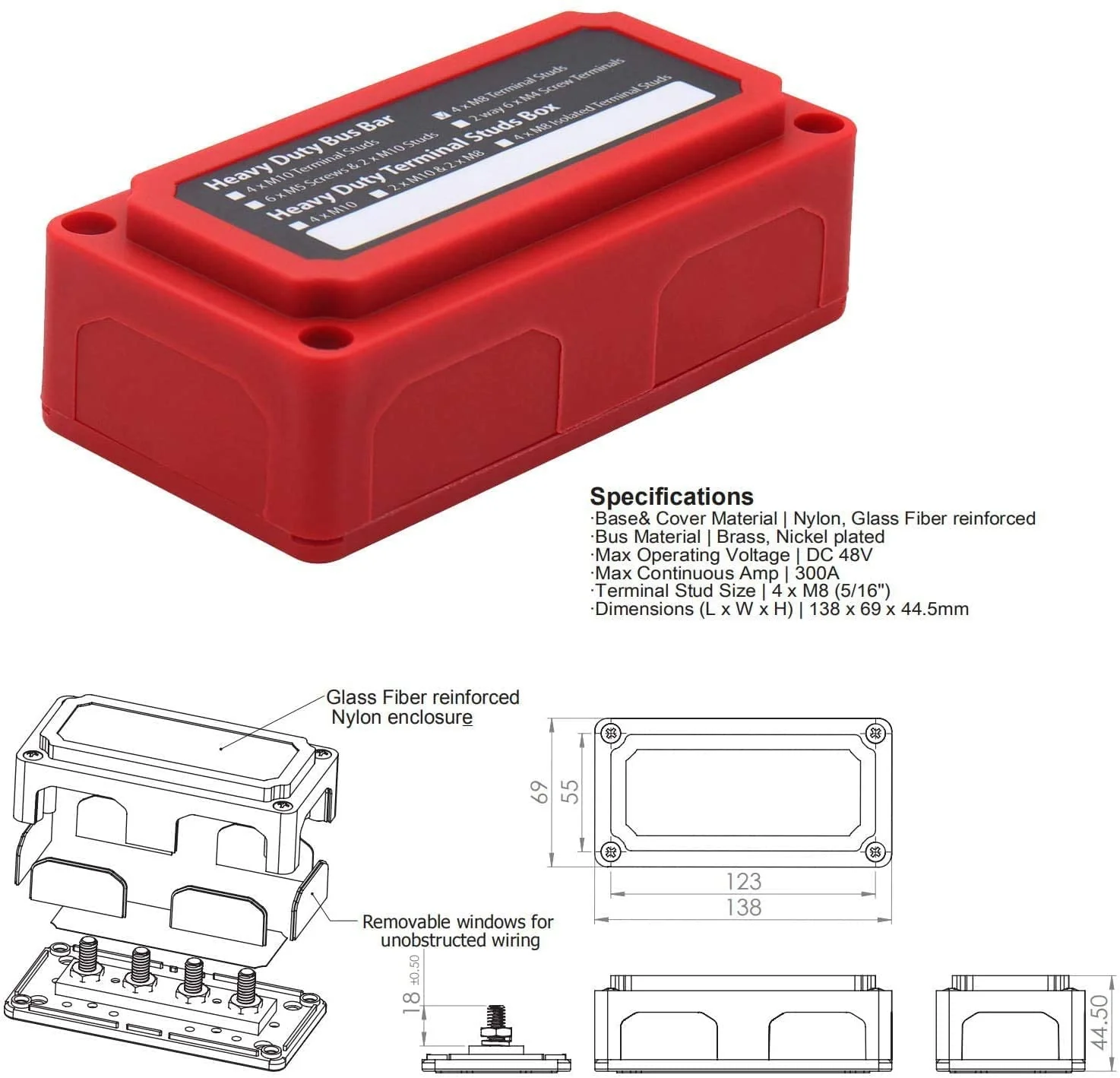 Gloaso 12V-48V DC Busbar Distribution Block 300A Busbar with 4x M8 Bolt Terminal Strips, Heavy Duty Bus Bar, Grounding Current, Busbars, Battery, 300 Amp for Car, Motorhome, Truck, Solar Boat, Marine 300 A, 4 x M8, red - Image 2