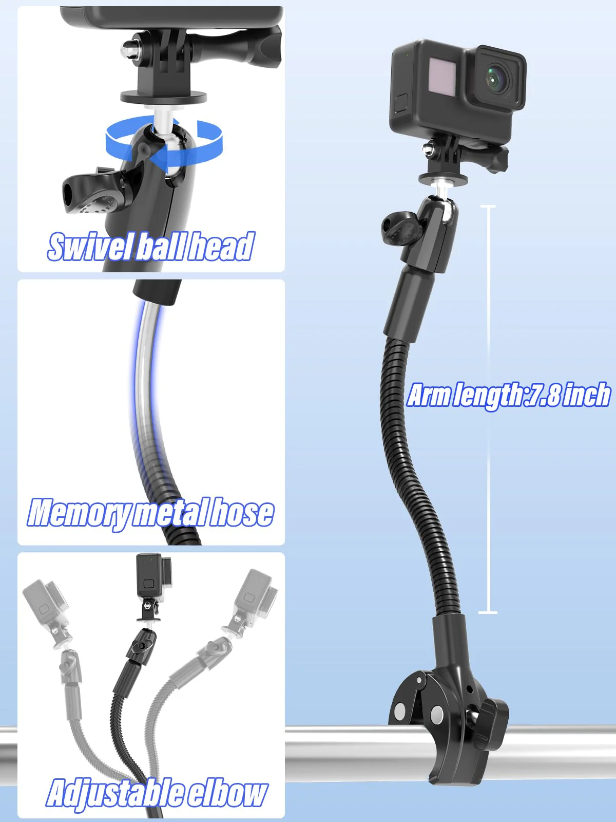 Go Pro Kart Mount, Super Clamp Kart Holder with 360° Rotaring Ball Head, Goosenck Karting Camera Mount with 1/4" Screw for go pro/Insta 360/DJI - Image 5