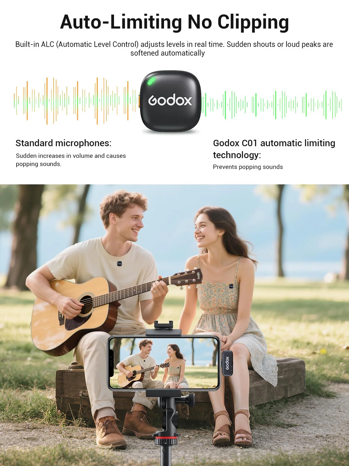 GODOX C01 KIT2 Wireless Microphone, 48kHz/24-bit Professional Lavalier Mic 60W Fast Charging Mini Microphones 7g Ultralight,54H,Noise Reduction,200M Low Latency (2TX+1RX+USB-C+Charging Case) - Image 5