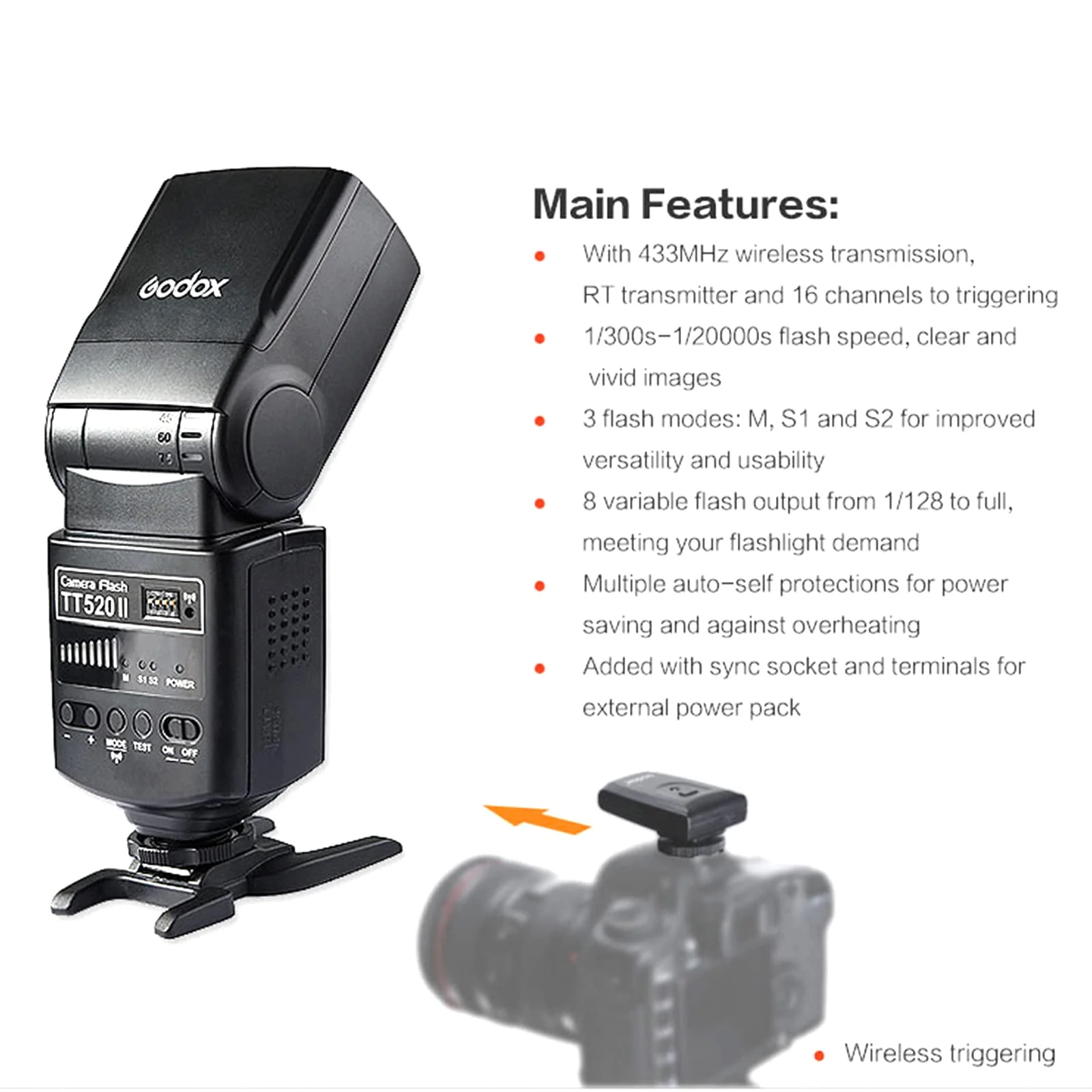 Godox TT520II Wireless Transmission Flash Speedlite - Built-in Receiver and RT Transmitter Compatible for Canon Nikon Panasonic Olympus Pentax and Other DSLR Cameras with Standard Hot Shoe - Image 7