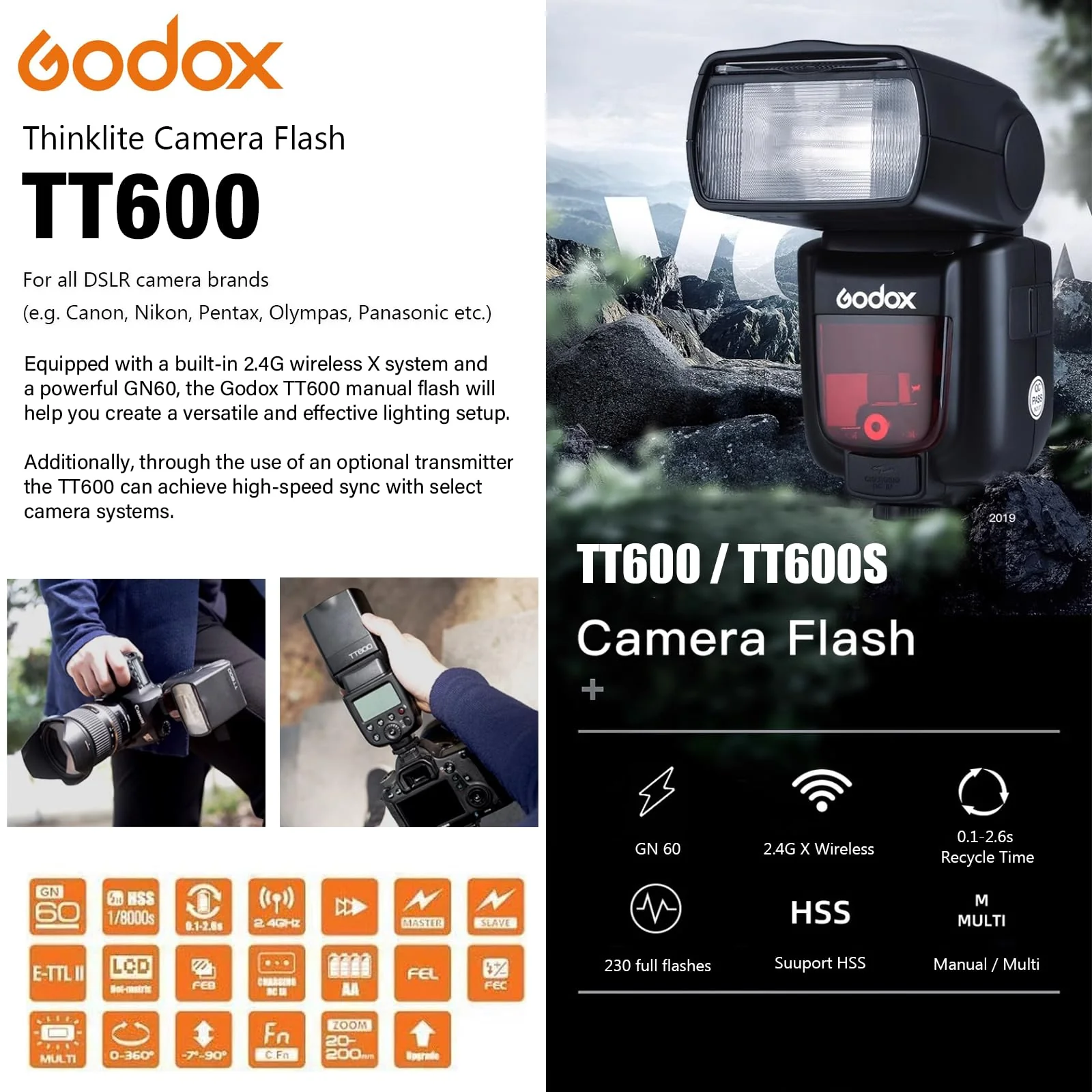 Godox TT600 2.4G Wireless Camera Flash Speedlite with Diffuser, Master/Slave GN60 Manual Flash, HSS when paired off camera with Godox X Trigger System for Canon Nikon Pentax Olympus Fujifilm Panasonic Standard Flash Shoe Black - Image 2
