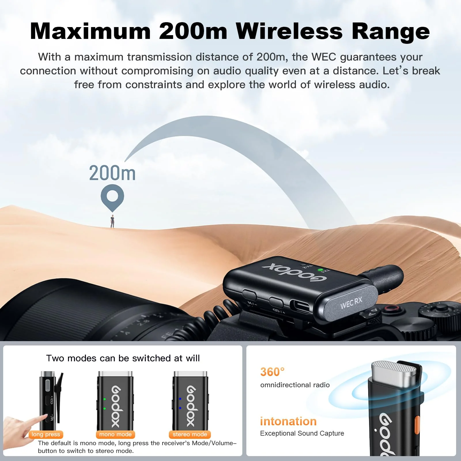 Godox WEC Wireless Lavalier Lapel Mic - 200m Range, 2.4GHz, Noise Cancellation, Compact, for Cameras, Live Streaming, Computer, TikTok Kit-1 - Image 3