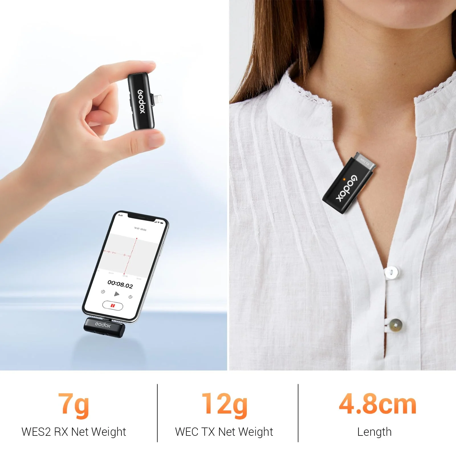 GODOX WES1 Kit1 Wireless Microphone for iPhone iPad, 2.4GHz Wireless MFi Certified Lavalier Mic, Plug and Play, Noise Cancelling,656ft, 7g Lightweight for Vlogs/Interviews/Live(1TX + 1RX(Lightning)) - Image 2