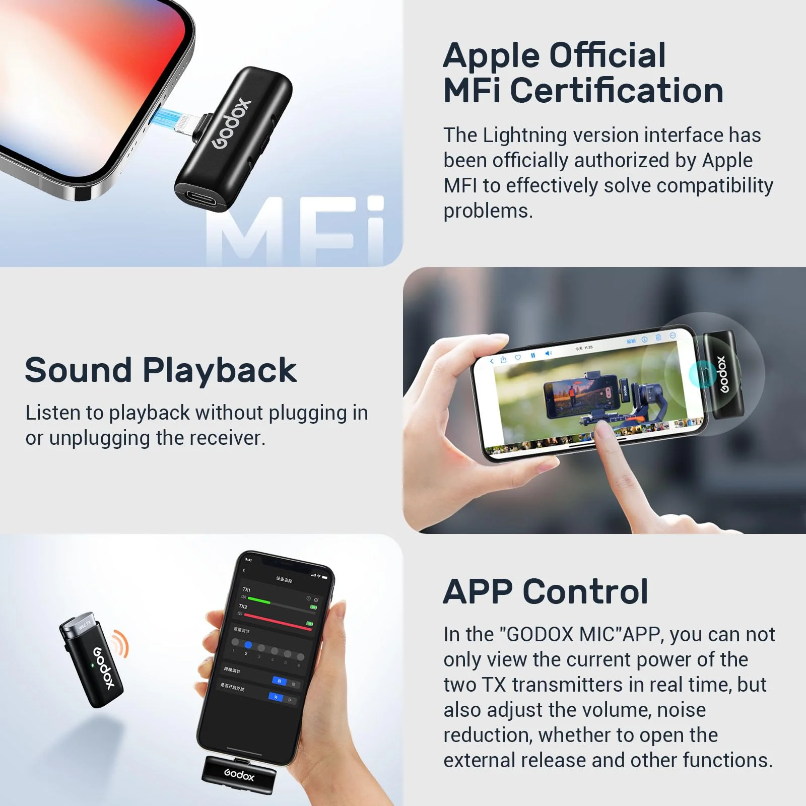 GODOX WES1 Kit1 Wireless Microphone for iPhone iPad, 2.4GHz Wireless MFi Certified Lavalier Mic, Plug and Play, Noise Cancelling,656ft, 7g Lightweight for Vlogs/Interviews/Live(1TX + 1RX(Lightning)) - Image 8
