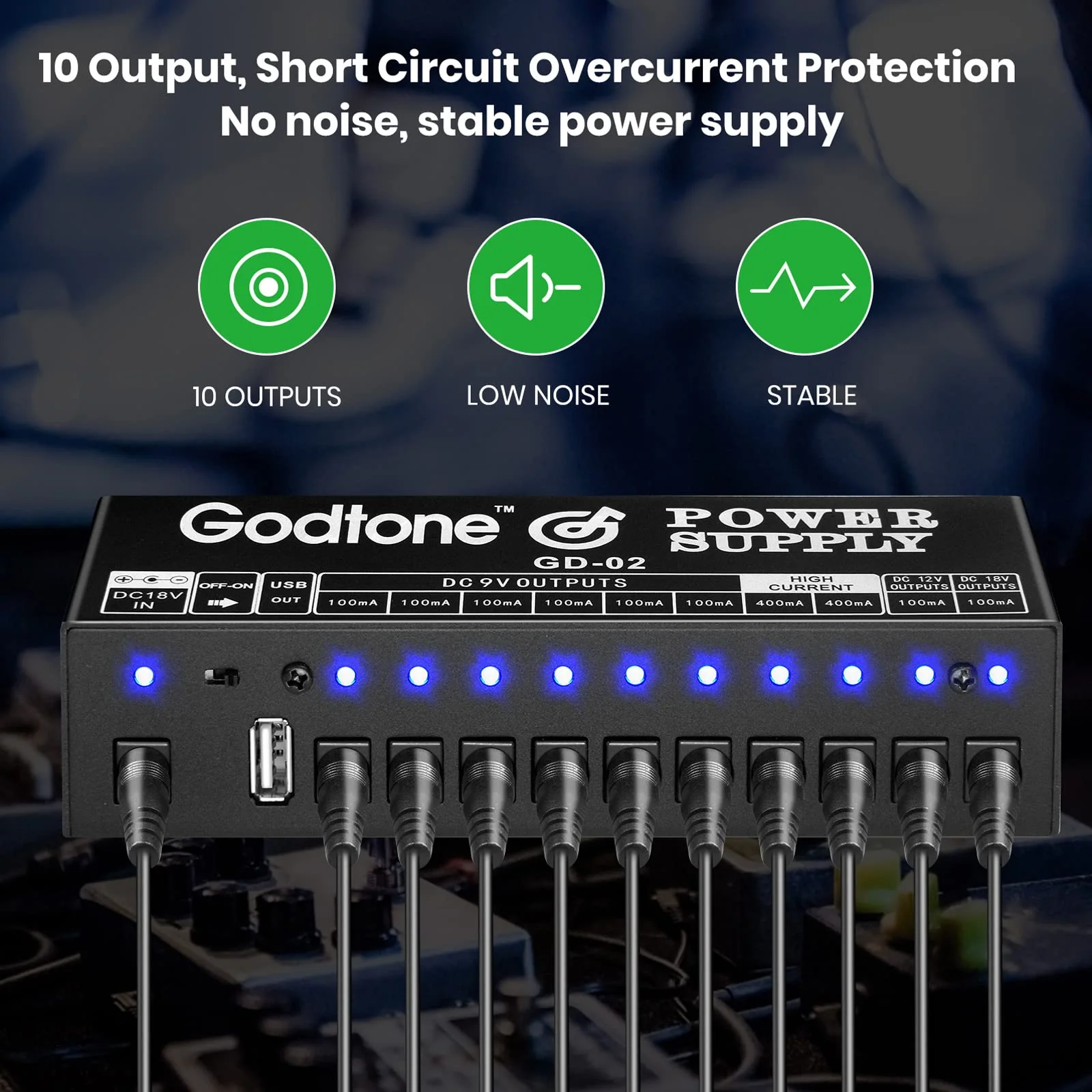 Godtone Guitar Pedal 10 DC Outputs for 9V 12V 18V Effect Pedal Power Supply with USB(5V2A) Port GD-02 - Image 3