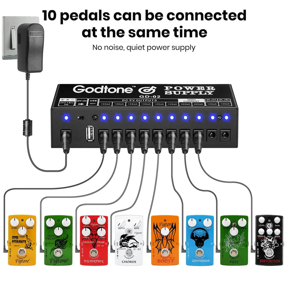 Godtone Guitar Pedal 10 DC Outputs for 9V 12V 18V Effect Pedal Power Supply with USB(5V2A) Port GD-02 - Image 6