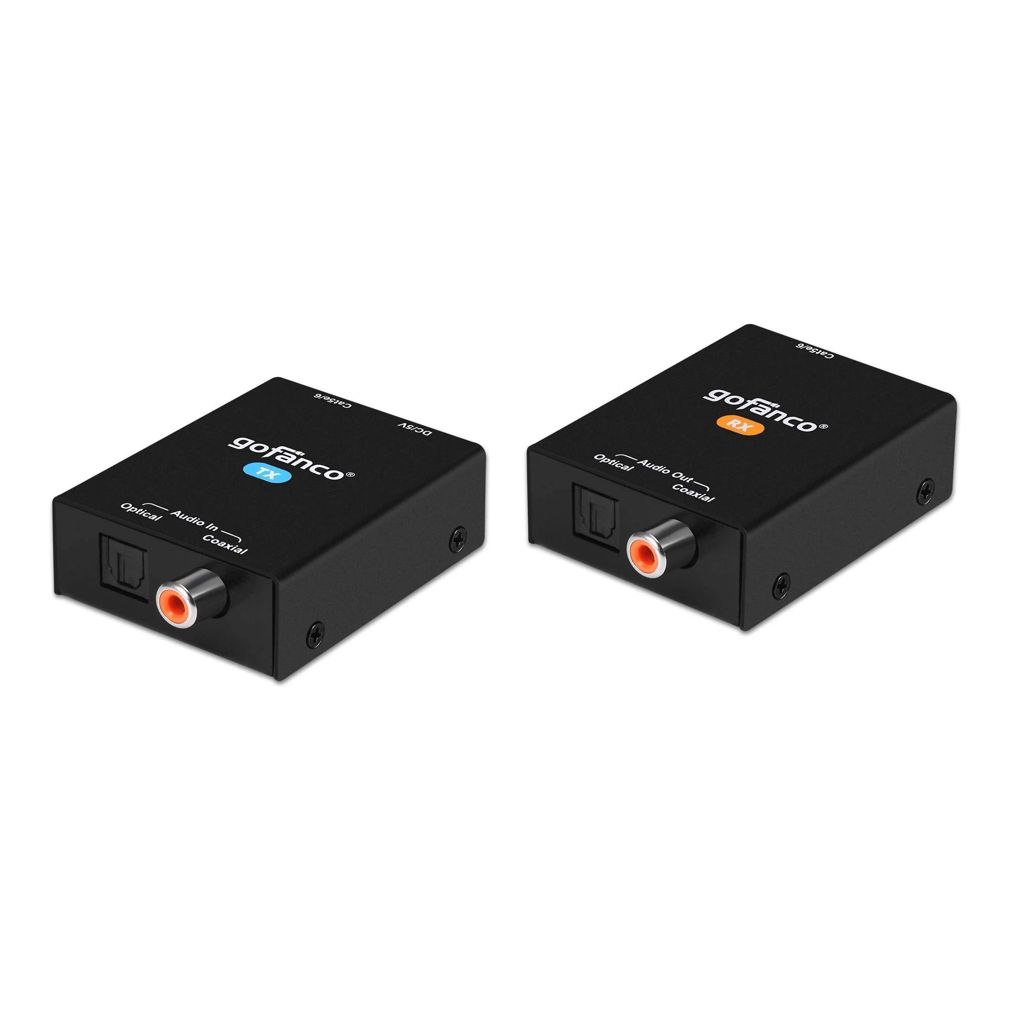 gofanco Coaxial/Optical Toslink Digital Audio Extender Over CAT5e / CAT6 Ethernet Balun – 984ft (300m) Extension, PoC, 5.1-Channel, Dolby Digital 5.1, DTS 5.1, DTS-HD, PCM, Compact (AudioCATExt)