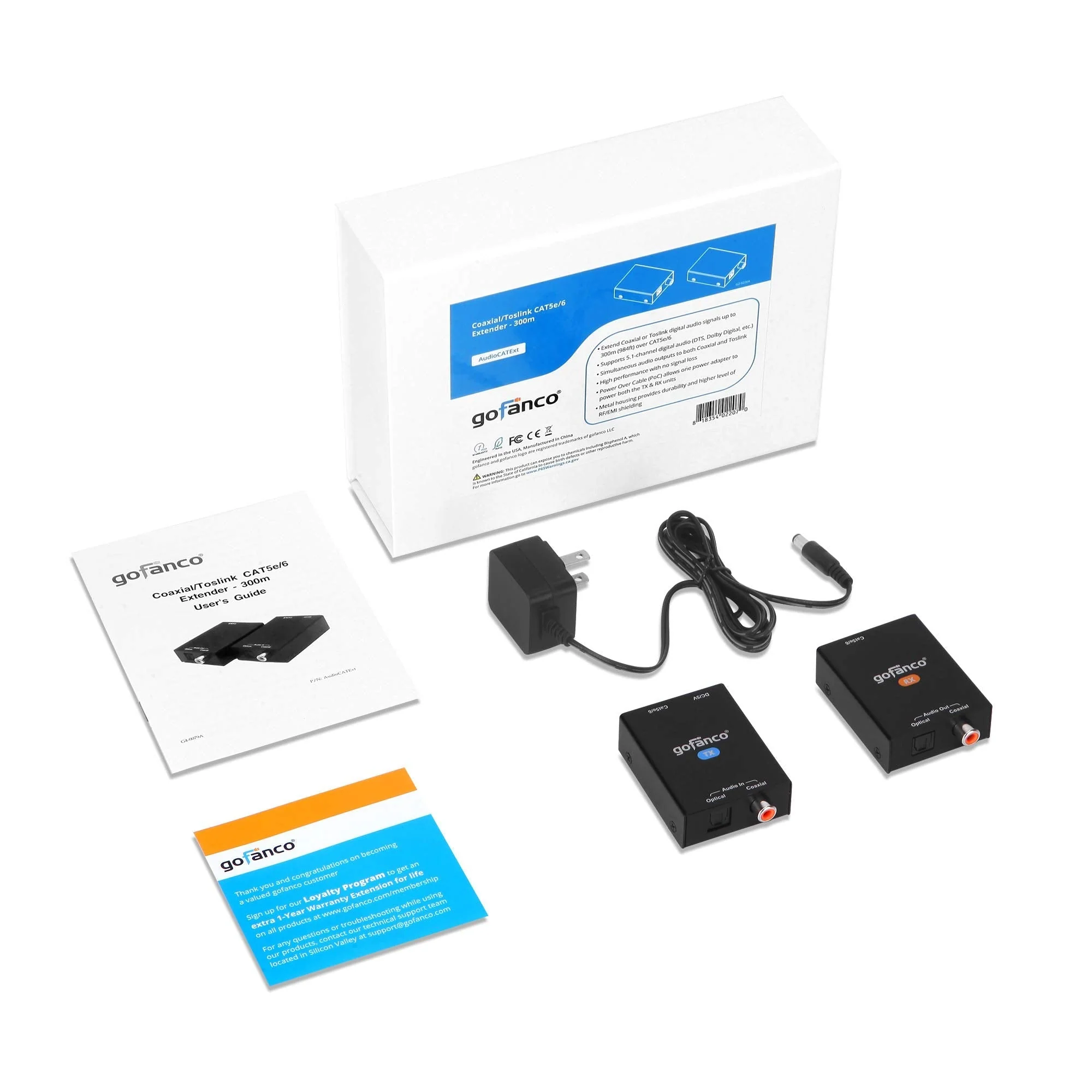 gofanco Coaxial/Optical Toslink Digital Audio Extender Over CAT5e / CAT6 Ethernet Balun – 984ft (300m) Extension, PoC, 5.1-Channel, Dolby Digital 5.1, DTS 5.1, DTS-HD, PCM, Compact (AudioCATExt) - Image 7