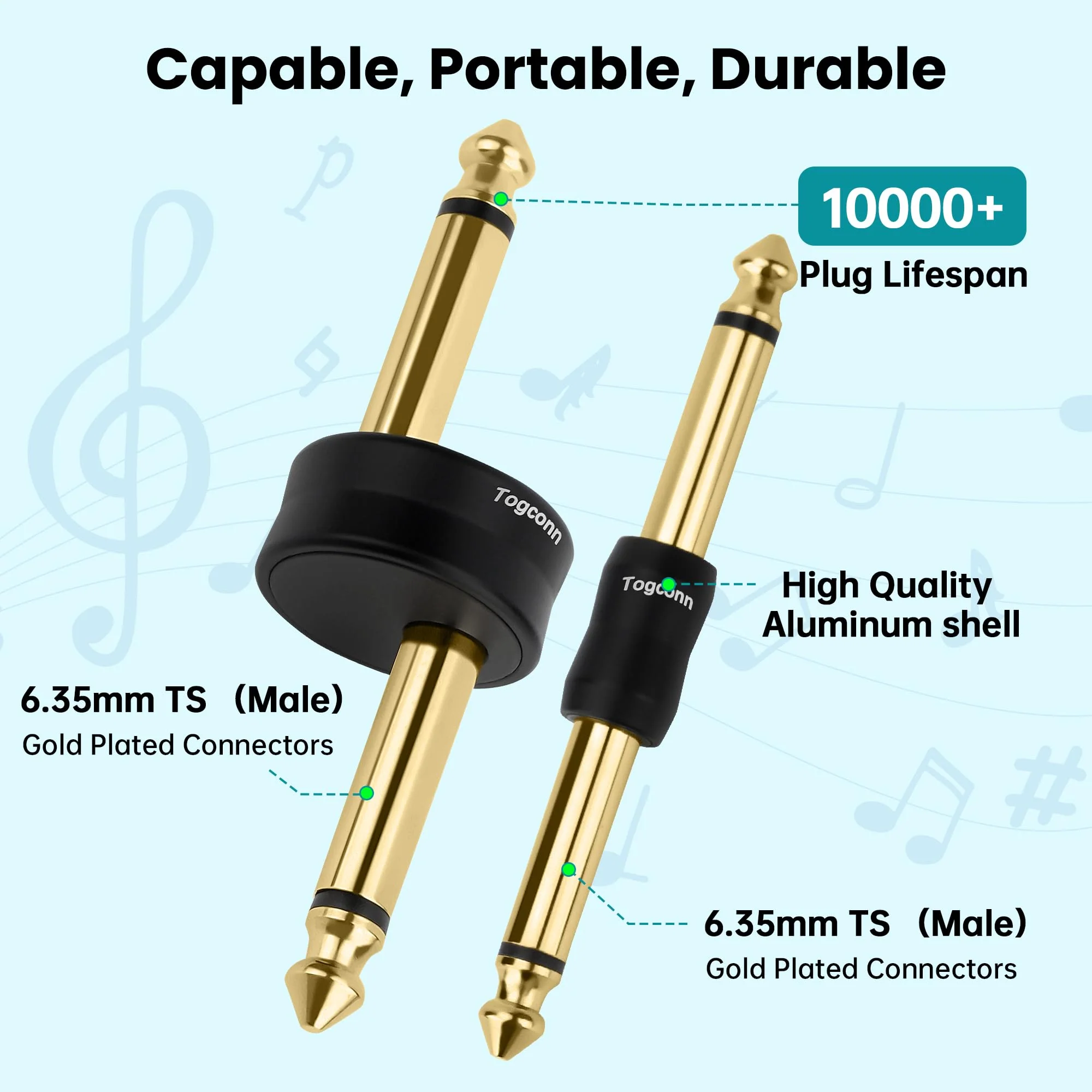Gold-Plated Guitar Pedal Effects Patch Connector Coupler 10 Pack，6.35mm to 6.35mm Adapter, Angle 1/4 Quarter Inch TS Mono Male to Male Jack Plug, Audio Converter Premium Quality Series - Image 2