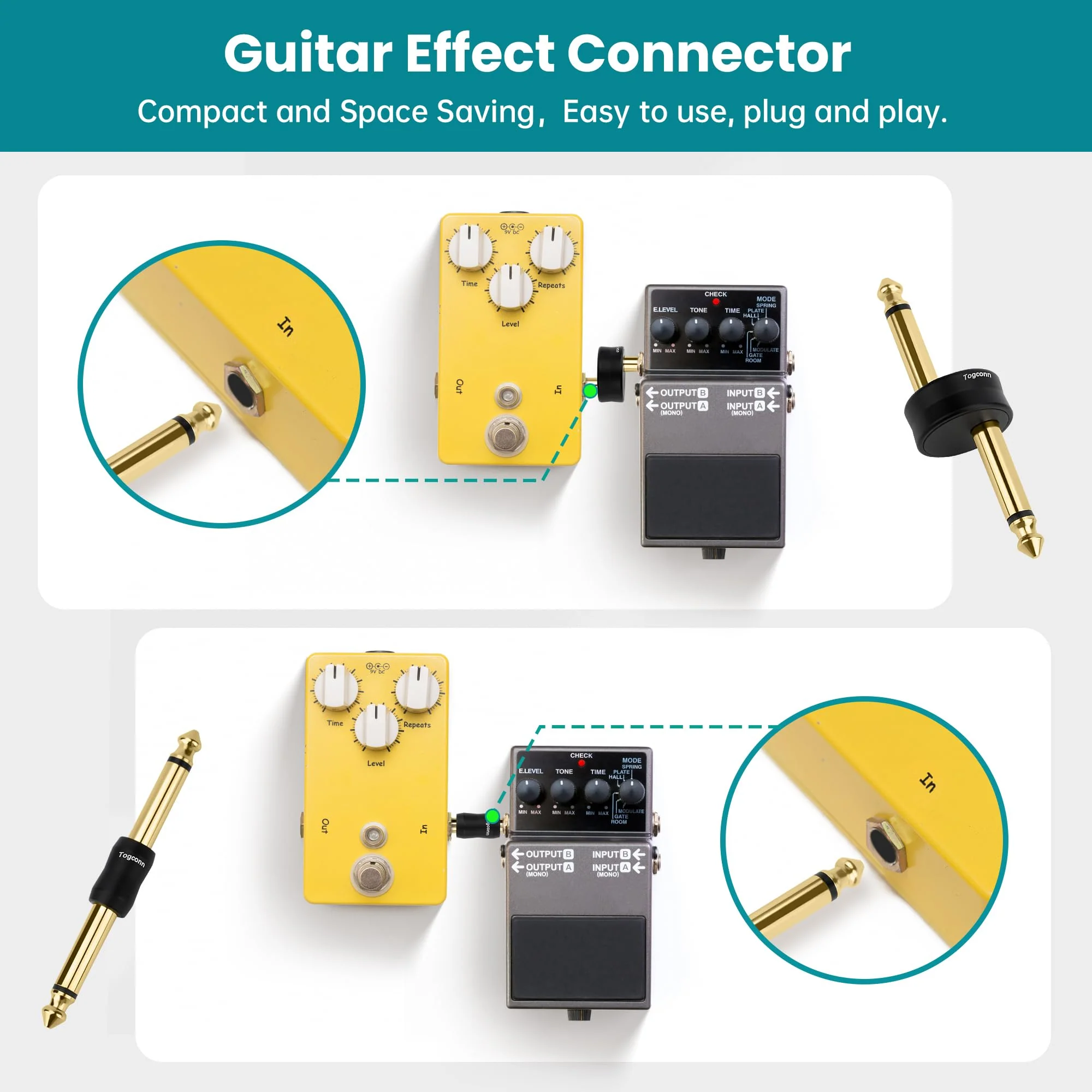 Gold-Plated Guitar Pedal Effects Patch Connector Coupler 10 Pack，6.35mm to 6.35mm Adapter, Angle 1/4 Quarter Inch TS Mono Male to Male Jack Plug, Audio Converter Premium Quality Series - Image 3