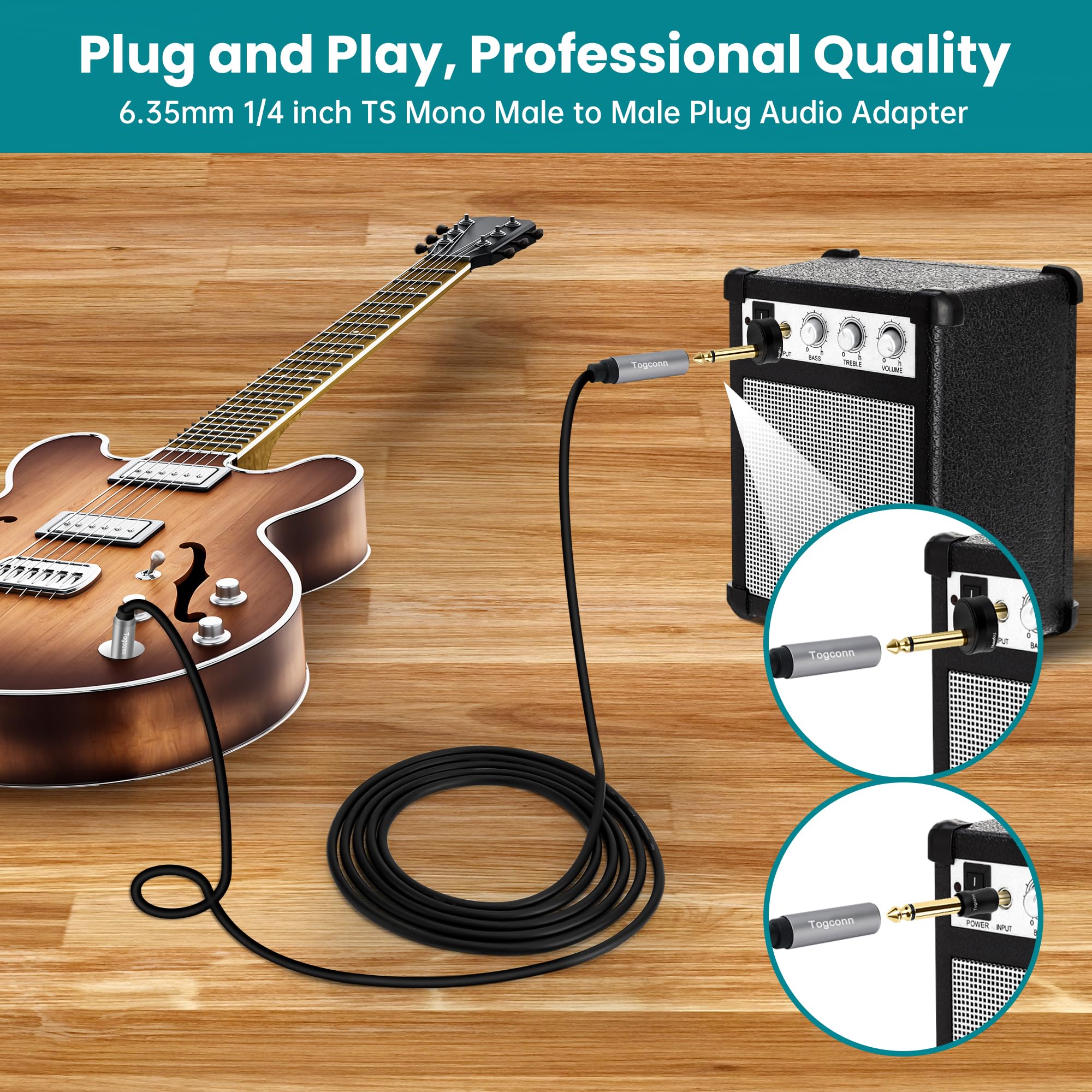 Gold-Plated Guitar Pedal Effects Patch Connector Coupler 10 Pack，6.35mm to 6.35mm Adapter, Angle 1/4 Quarter Inch TS Mono Male to Male Jack Plug, Audio Converter Premium Quality Series - Image 4