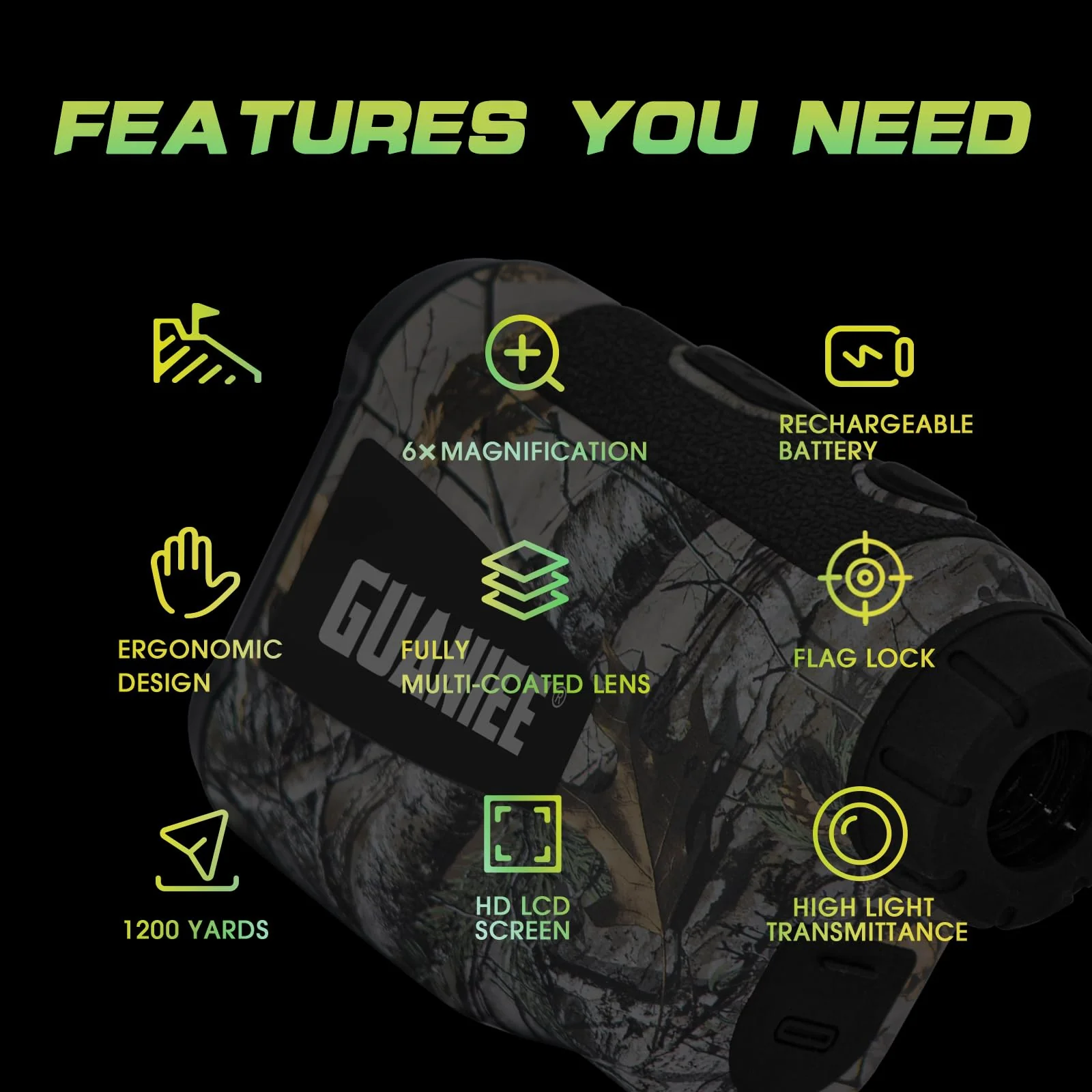 Golf Range Finder Laser Range Finder with Rechargeable Battery, 600/1000YDS, 6X Magnification, Flag-Lock, Slope, Lightweight, for Hunting 1000Y Camo - Image 2
