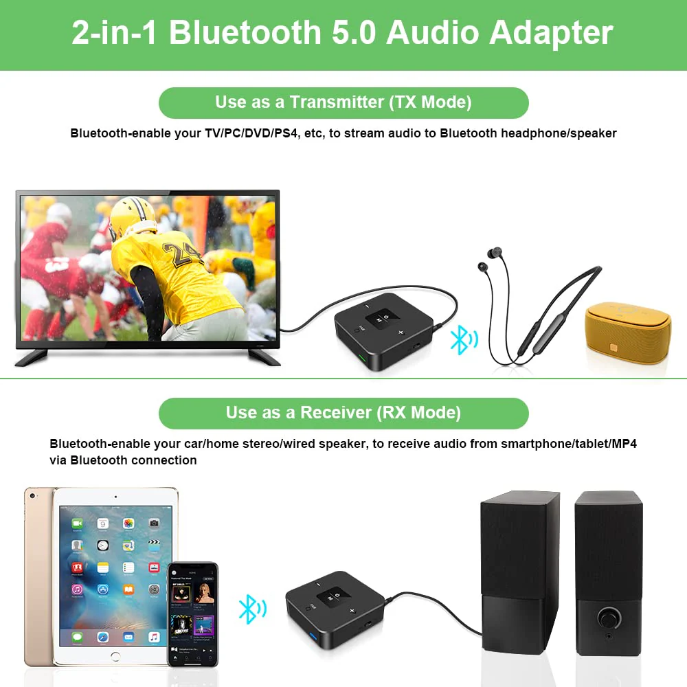 Golvery Bluetooth 5.0 Transmitter Receiver for TV Airplane, 2 in 1 Bluetooth Adapter for PC/DVD/MP3/Home Stereo/Speaker/Gym, Optical/RCA/AUX Connection, 25 Hours Playtime, Dual Link, Volume Control Brown - Image 3