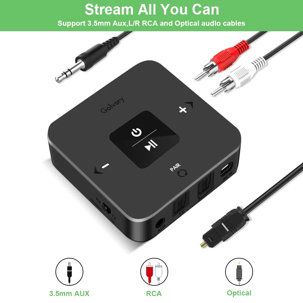 Golvery Bluetooth 5.0 Transmitter Receiver for TV Airplane, 2 in 1 Bluetooth Adapter for PC/DVD/MP3/Home Stereo/Speaker/Gym, Optical/RCA/AUX Connection, 25 Hours Playtime, Dual Link, Volume Control Brown - Image 5