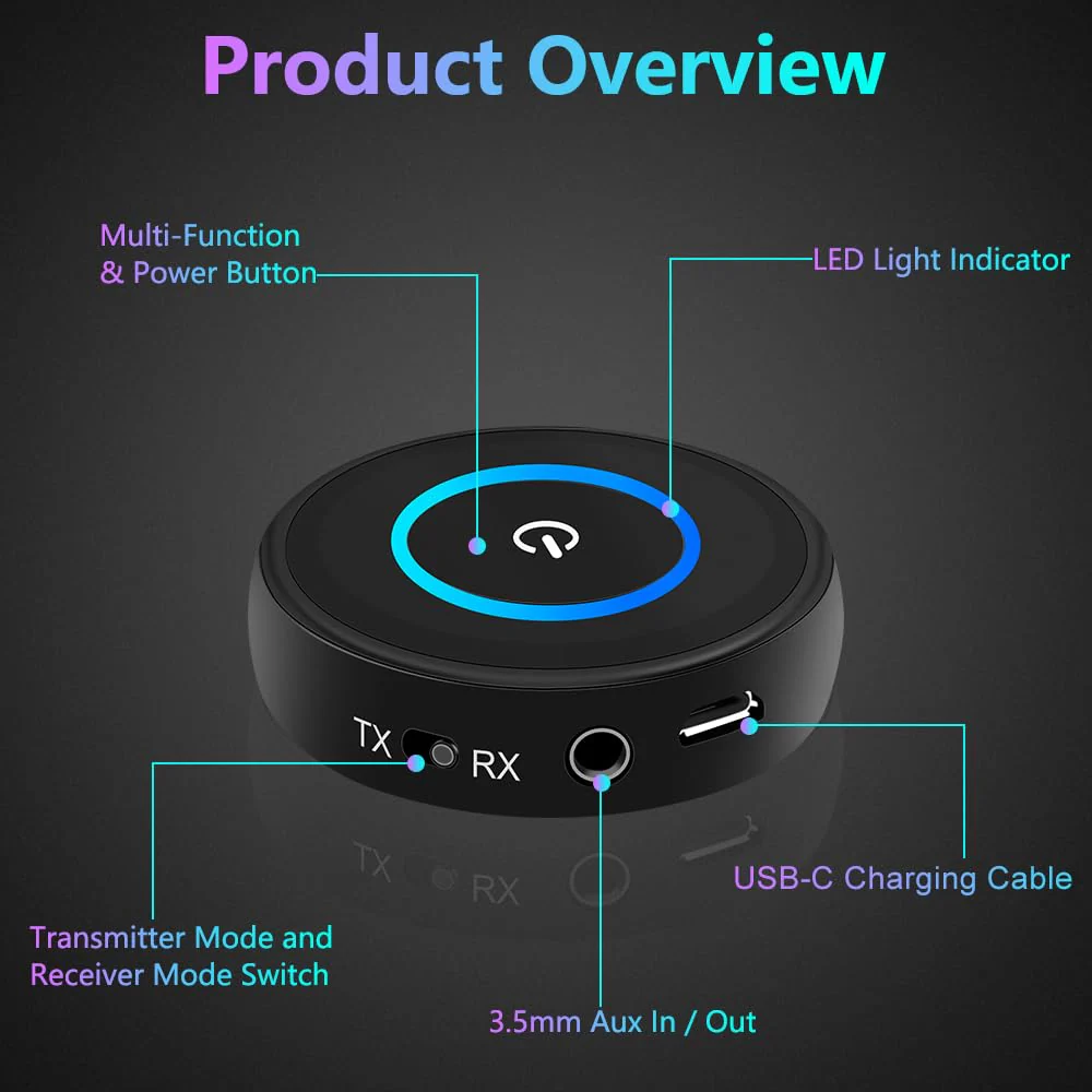 Golvery Bluetooth 5.3 Transmitter Receiver for TV/Airplane, 2 in 1 Wireless Flight Adapter, Support 2 Wireless Headphones, 3.5mm Aux Audio and RCA Jack Adapter for PC, Home Stereo - Image 7