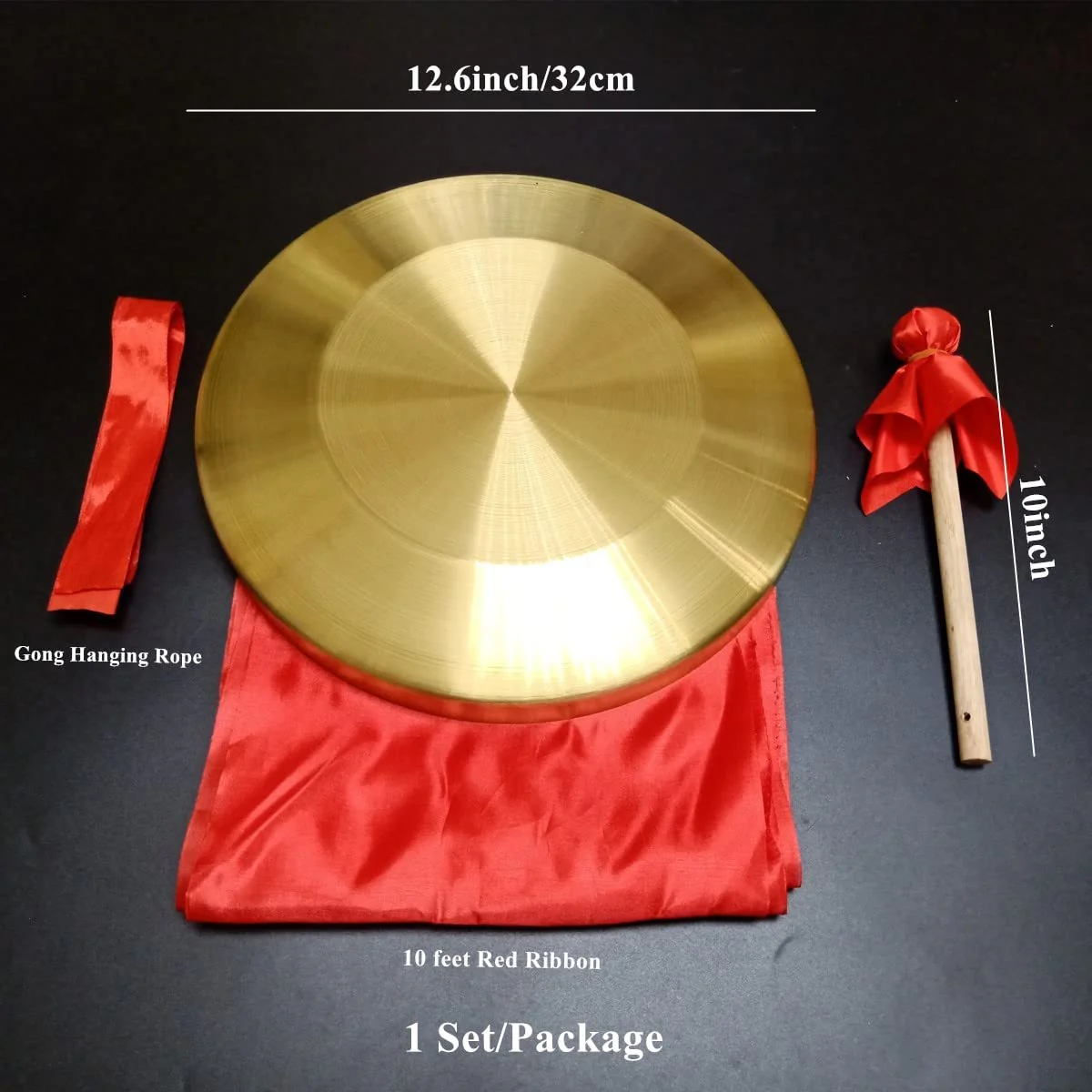 Gong Instrument with 12.6inch(32cm),Chinese Traditional Percussion Instrument Brass Gong with Wooden Mallet and Red Ribbon for Home Office Celebration Gold-12.6inch - Image 6