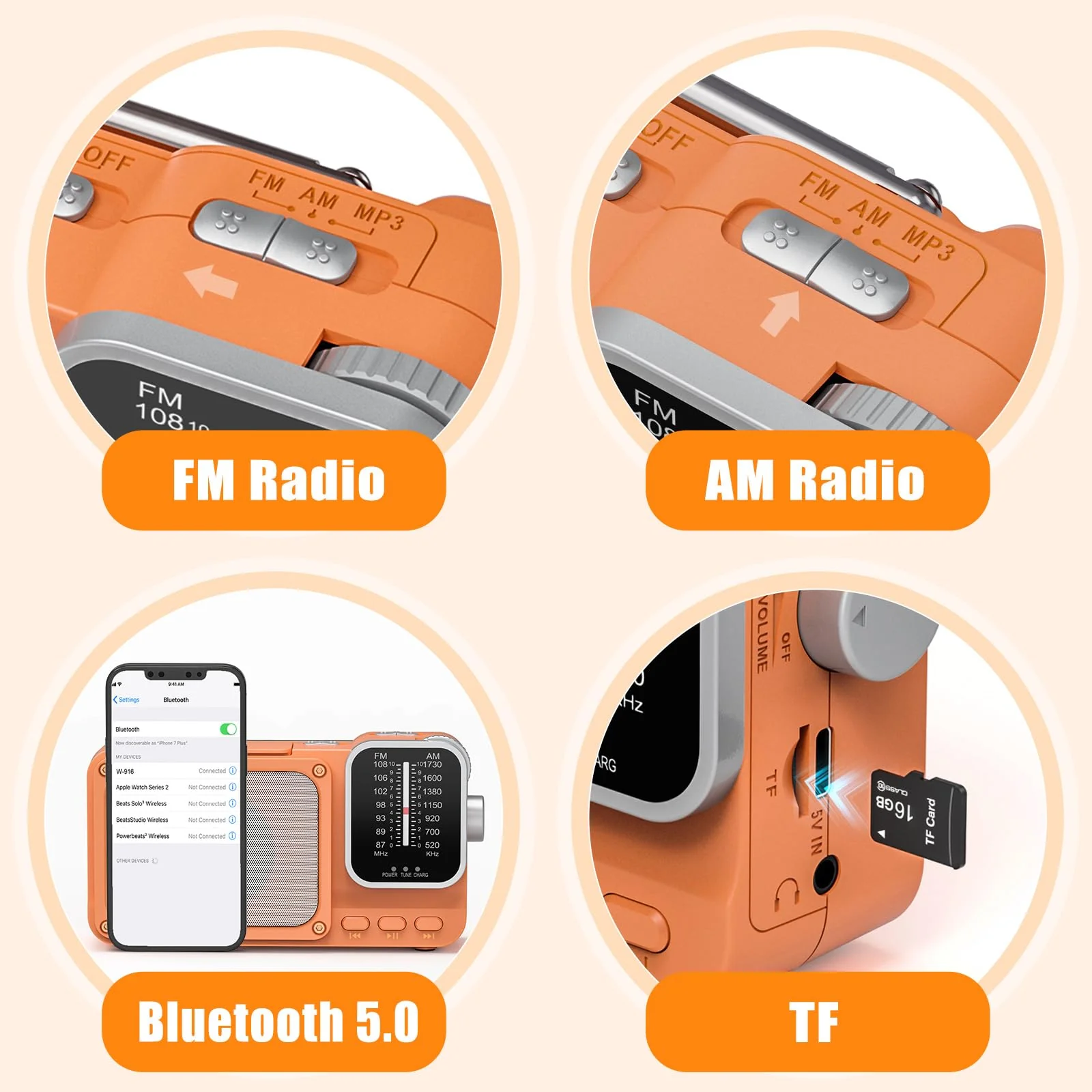 Goodes Portable Radio AM FM with Best Reception, Bluetooth Transistor Radios with TF Card Slot, LED Light and Headphone Jack, AC Power or Battery Operated, Emergency Radio for Home Kitchen Outdoor - Image 5