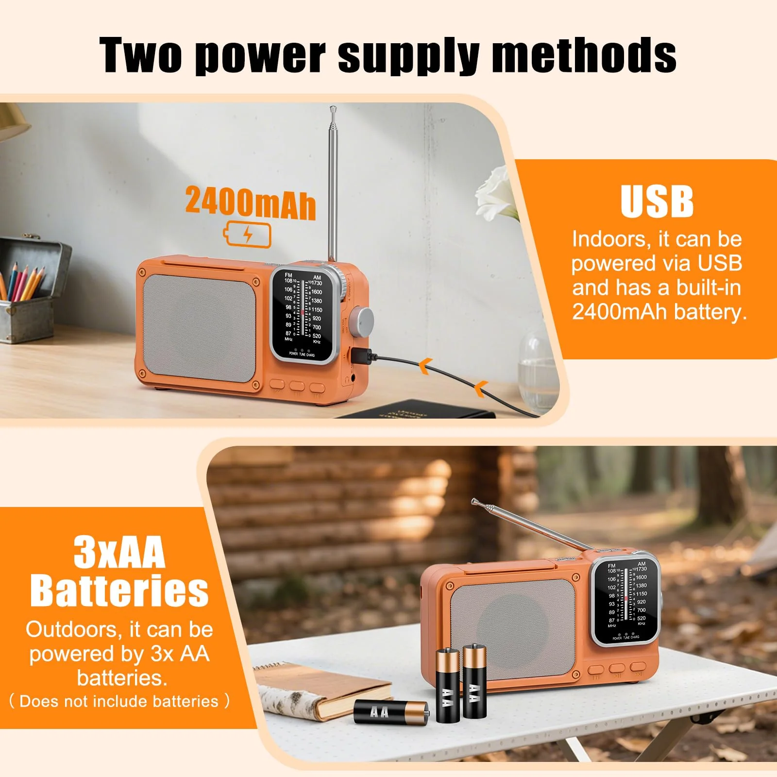 Goodes Portable Radio AM FM with Best Reception, Bluetooth Transistor Radios with TF Card Slot, LED Light and Headphone Jack, AC Power or Battery Operated, Emergency Radio for Home Kitchen Outdoor - Image 6