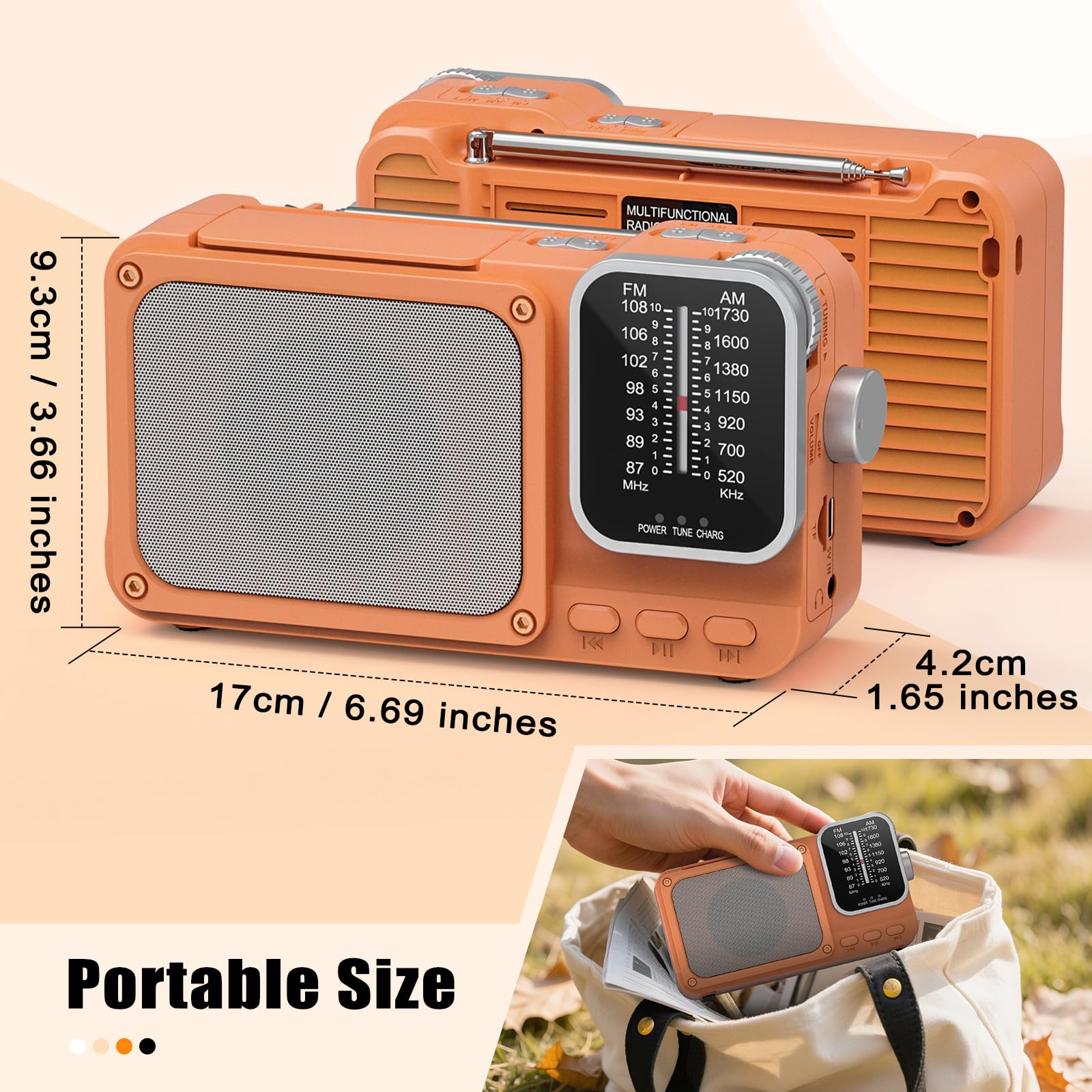Goodes Portable Radio AM FM with Best Reception, Bluetooth Transistor Radios with TF Card Slot, LED Light and Headphone Jack, AC Power or Battery Operated, Emergency Radio for Home Kitchen Outdoor - Image 7