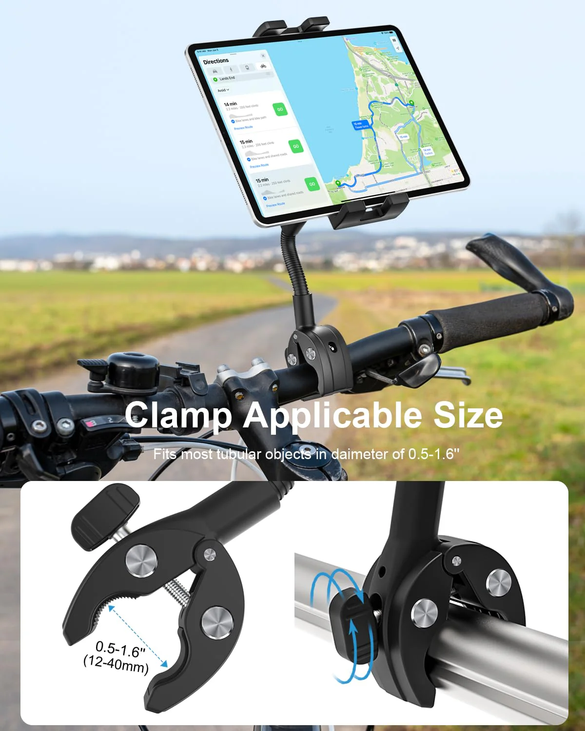 Gooseneck Bike Tablet Mount, Bike Holder - Adjustable Arm Tablet Holder for Motorcycle, Bicycle Scooter Handlebar Clamp, Compatible with iPad Pro Air Mini, Galaxy Tabs, Z Fold, iPhone, 4.7-13" Devices - Image 3