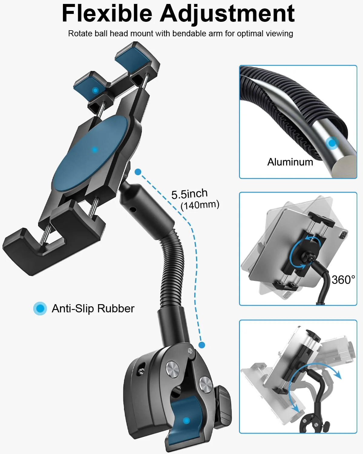 Gooseneck Bike Tablet Mount, Bike Holder - Adjustable Arm Tablet Holder for Motorcycle, Bicycle Scooter Handlebar Clamp, Compatible with iPad Pro Air Mini, Galaxy Tabs, Z Fold, iPhone, 4.7-13" Devices - Image 4