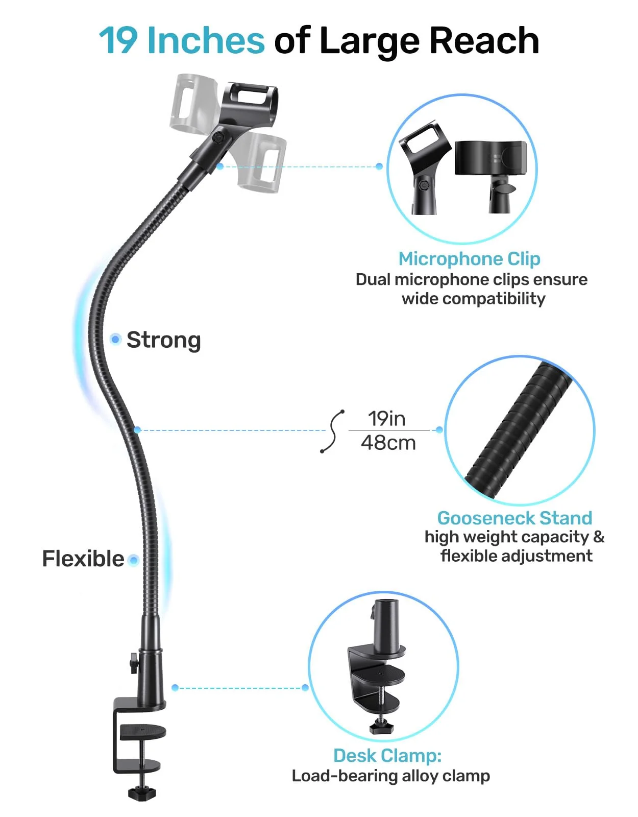 Gooseneck Mic Stand with Clamp, 19-Inch Flexible Desktop Microphone Arm Holder with 3/8" & 1/4" Screw Adapters, 360° Adjustable, Ideal for Podium, Pulpit, Lecture, Conference and Live Streaming - Image 2