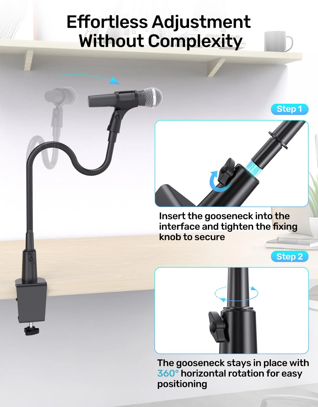 Gooseneck Mic Stand with Clamp, 19-Inch Flexible Desktop Microphone Arm Holder with 3/8" & 1/4" Screw Adapters, 360° Adjustable, Ideal for Podium, Pulpit, Lecture, Conference and Live Streaming - Image 6