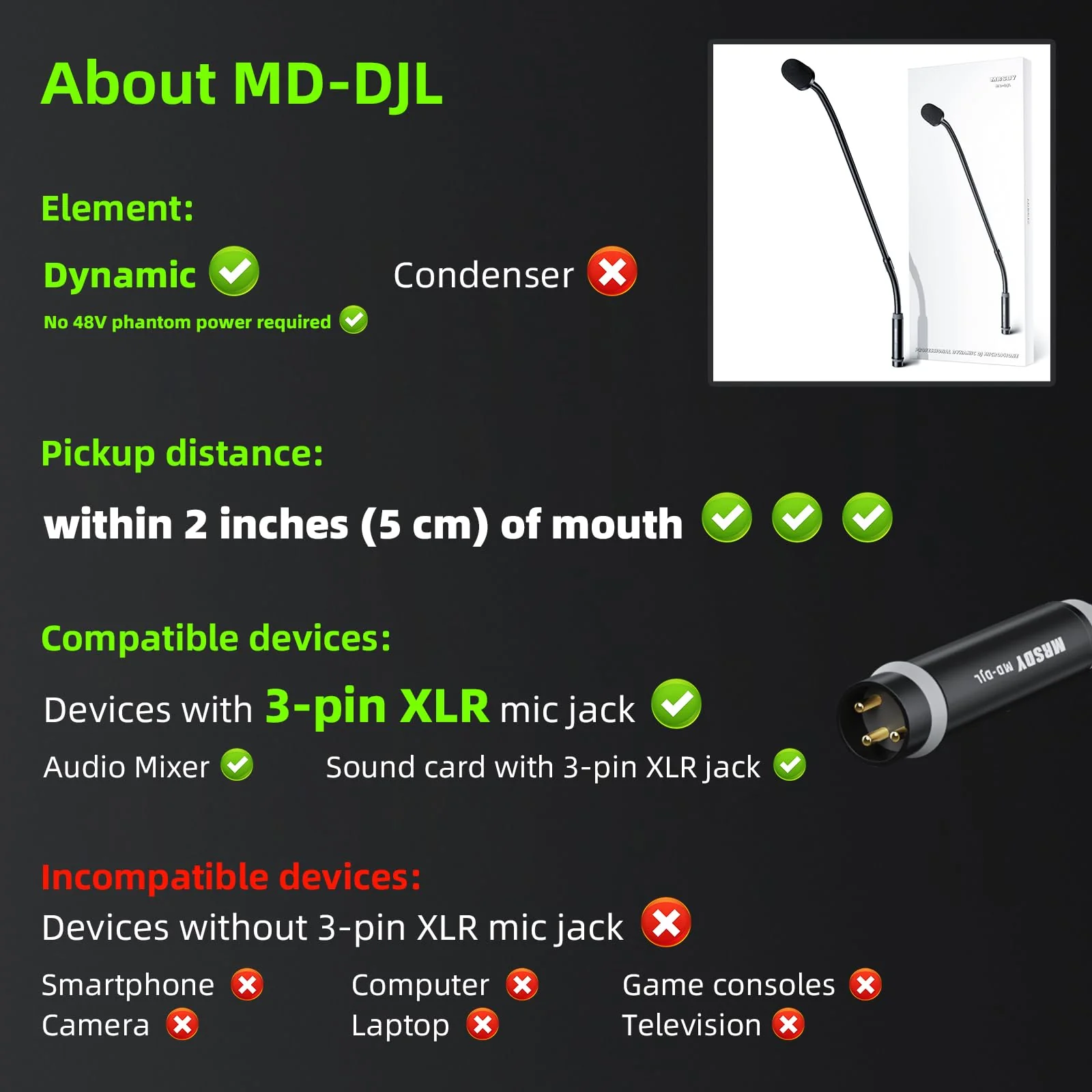Gooseneck Microphone, 23 Inch DJ Microphone for Audio Mixer, Professional XLR Wired Dynamic Mic, Extended Black Metal Noise Reduction Mic, Supports 360° Rotation and Bending - Image 2